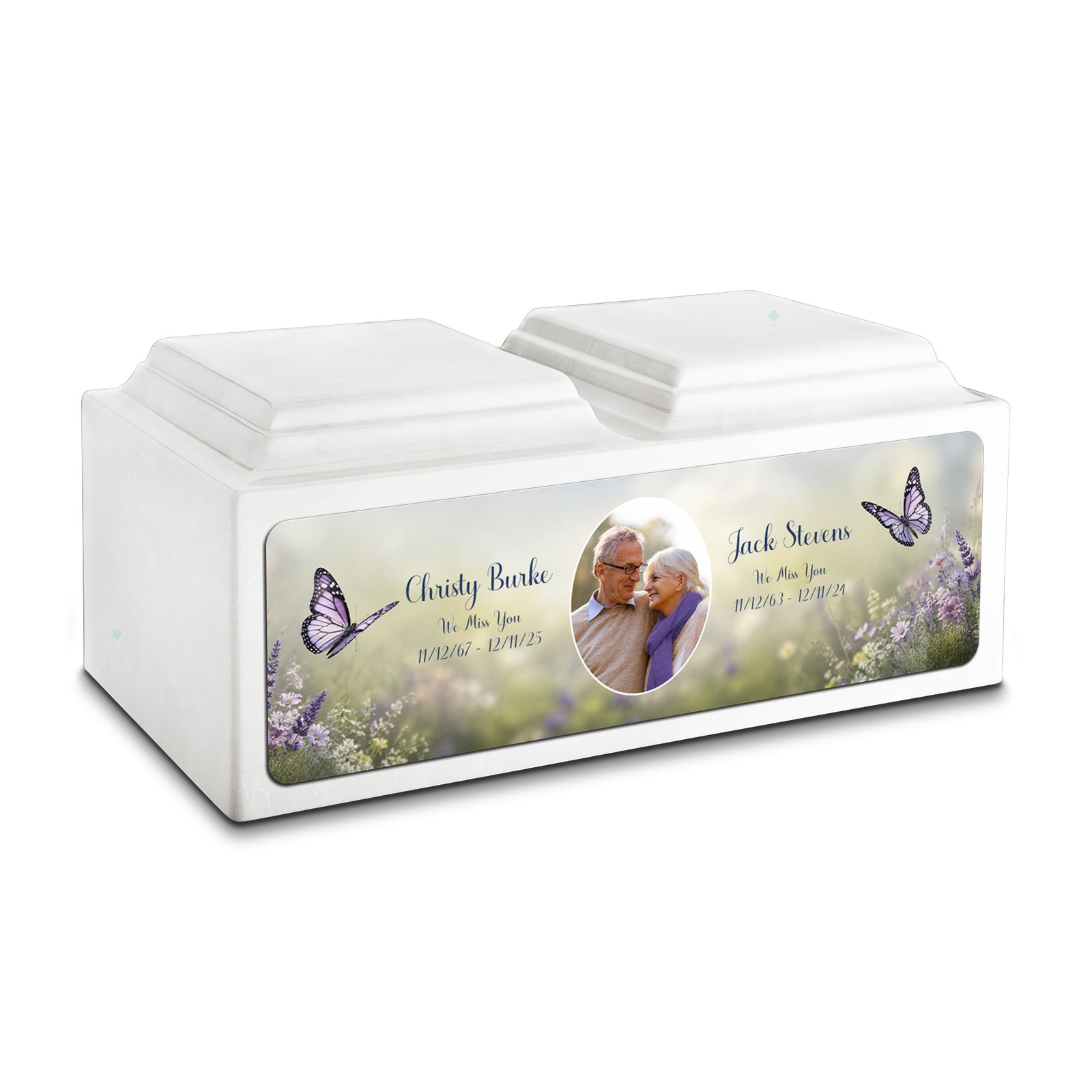 Adult Companion Custom Butterfly Couple Portrait Glacier White Cultured Marble Urns by MacKenzie