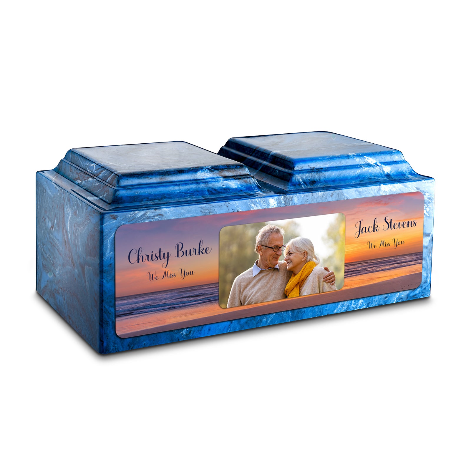 Adult Companion Custom Ocean Sunset Couple Portrait Memorial Mystic Blue Cultured Marble Urns by MacKenzie