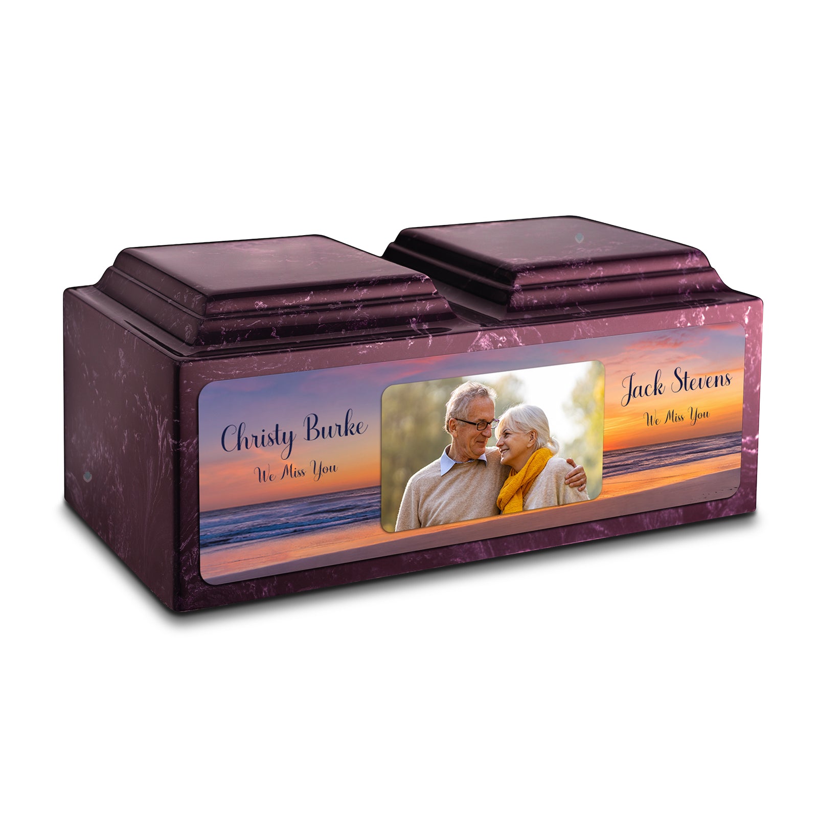 Adult Companion Custom Ocean Sunset Couple Portrait Memorial Merlot Cultured Marble Urns by MacKenzie