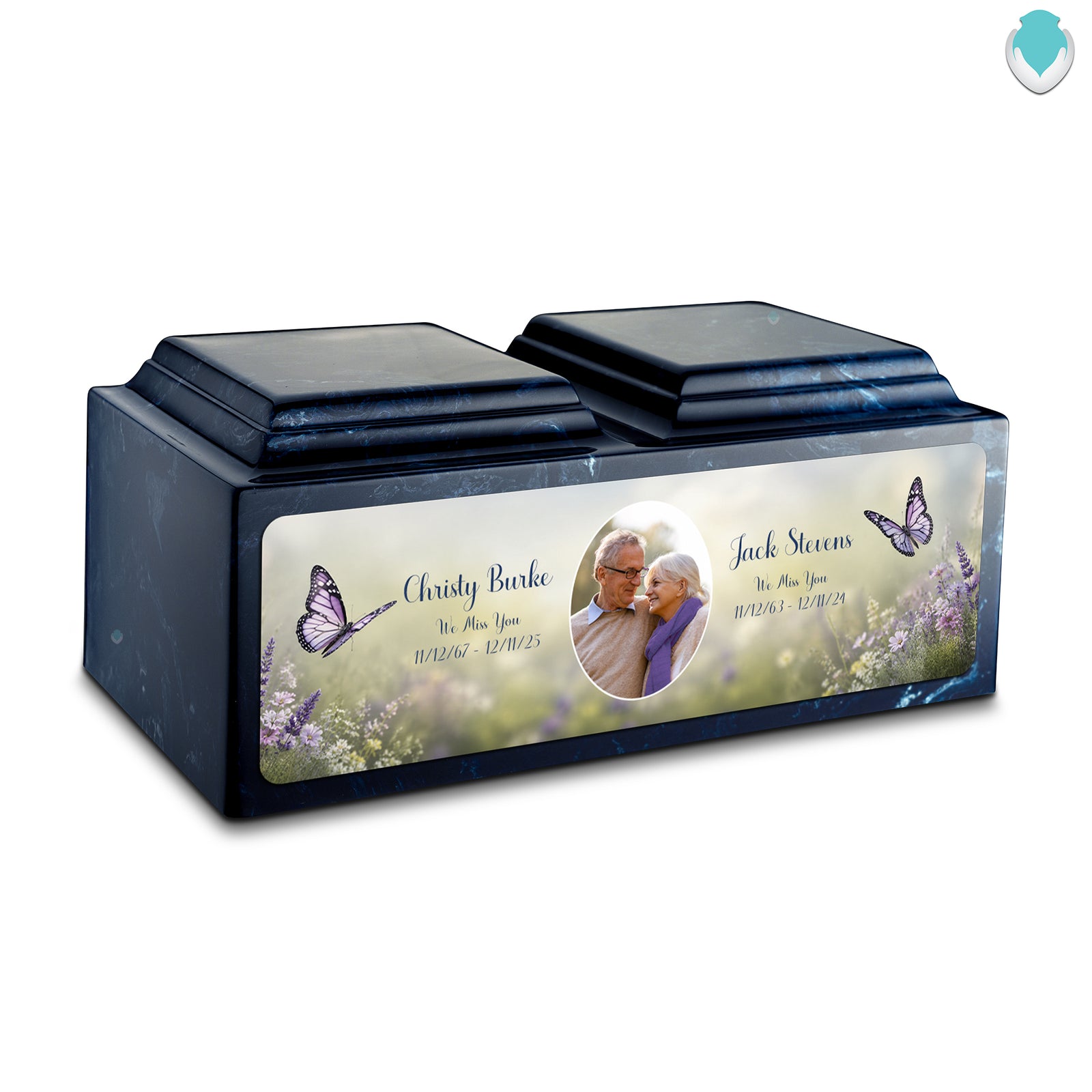 Adult Companion Custom Butterfly Couple Portrait Navy Cultured Marble Urns by MacKenzie