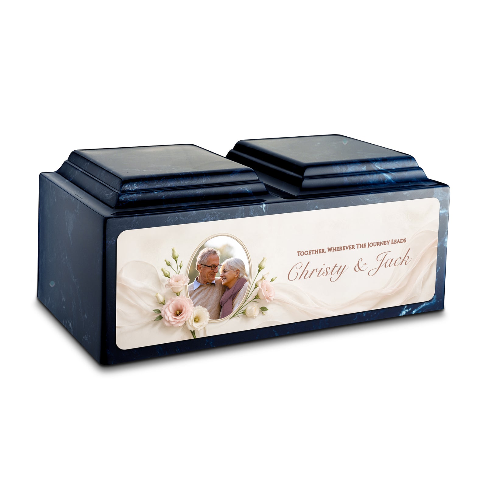 Adult Companion Custom Flower Couple Portrait Memorial Navy Cultured Marble Urns by MacKenzie