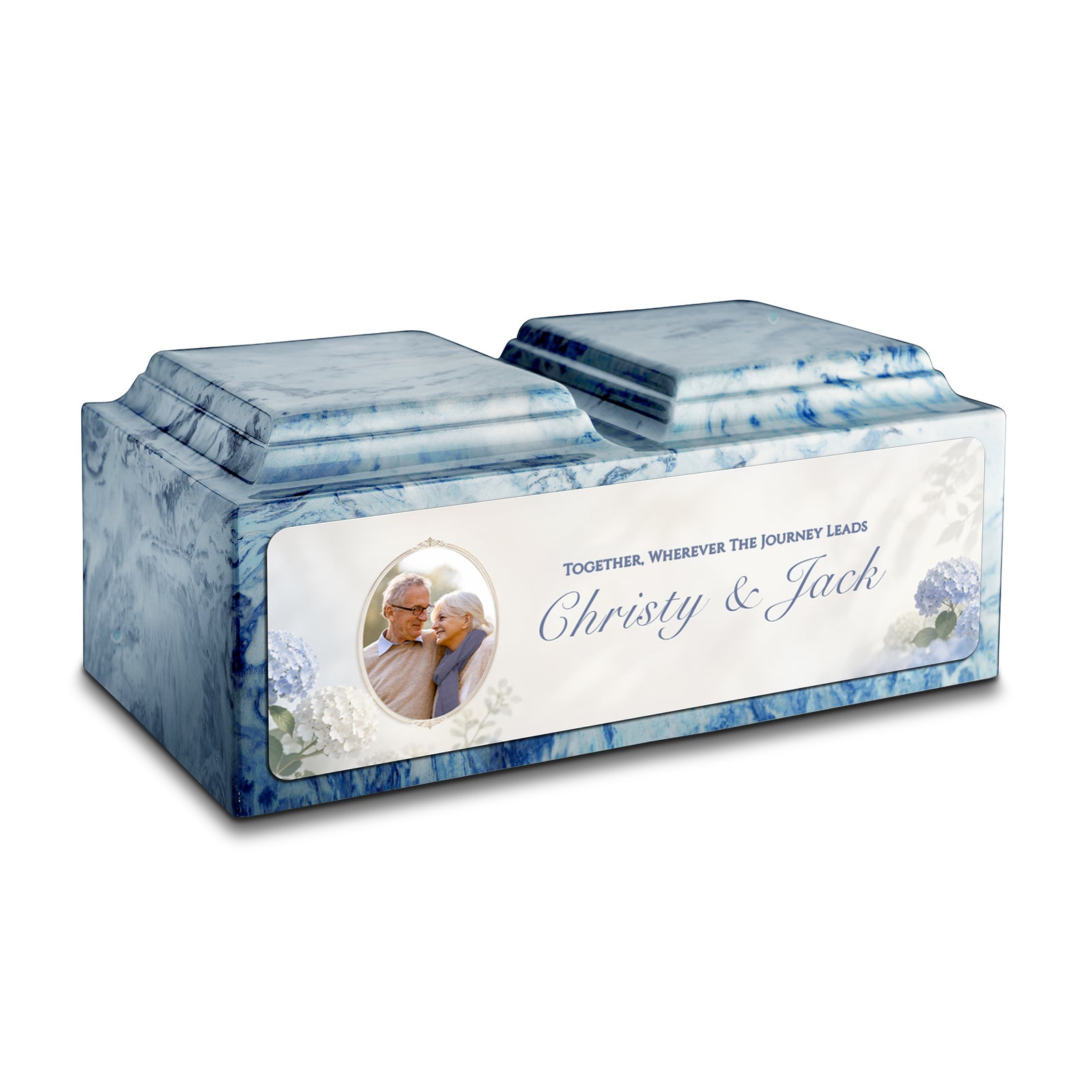 Adult Companion Custom Flower Couple Portrait Sky Blue Cultured Marble Urns by MacKenzie