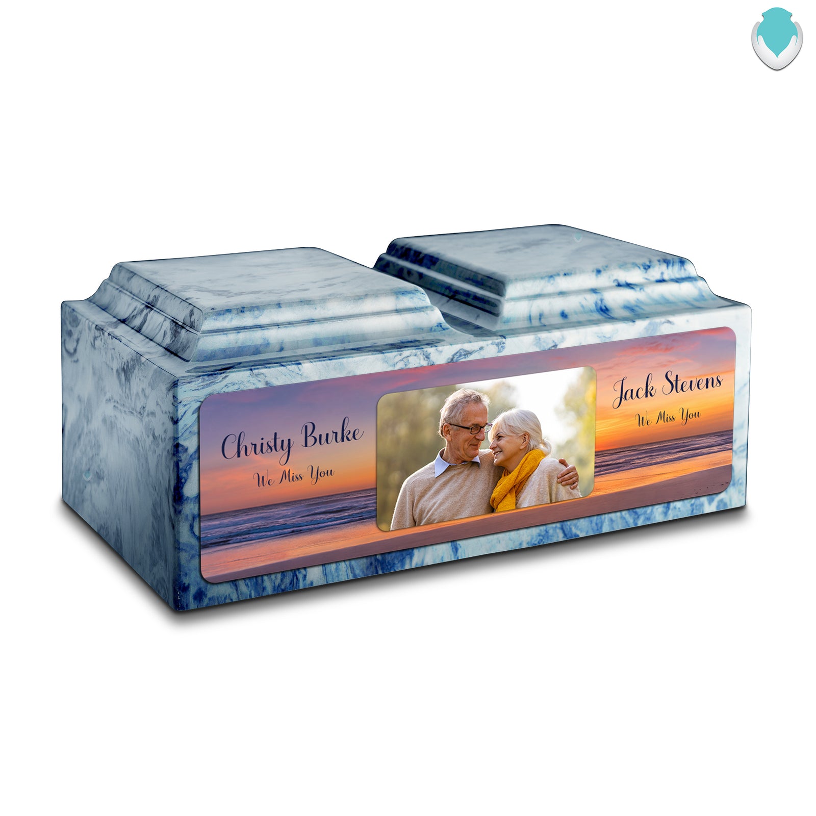 Adult Companion Custom Ocean Sunset Couple Portrait Memorial Sky Blue Cultured Marble Urns by MacKenzie