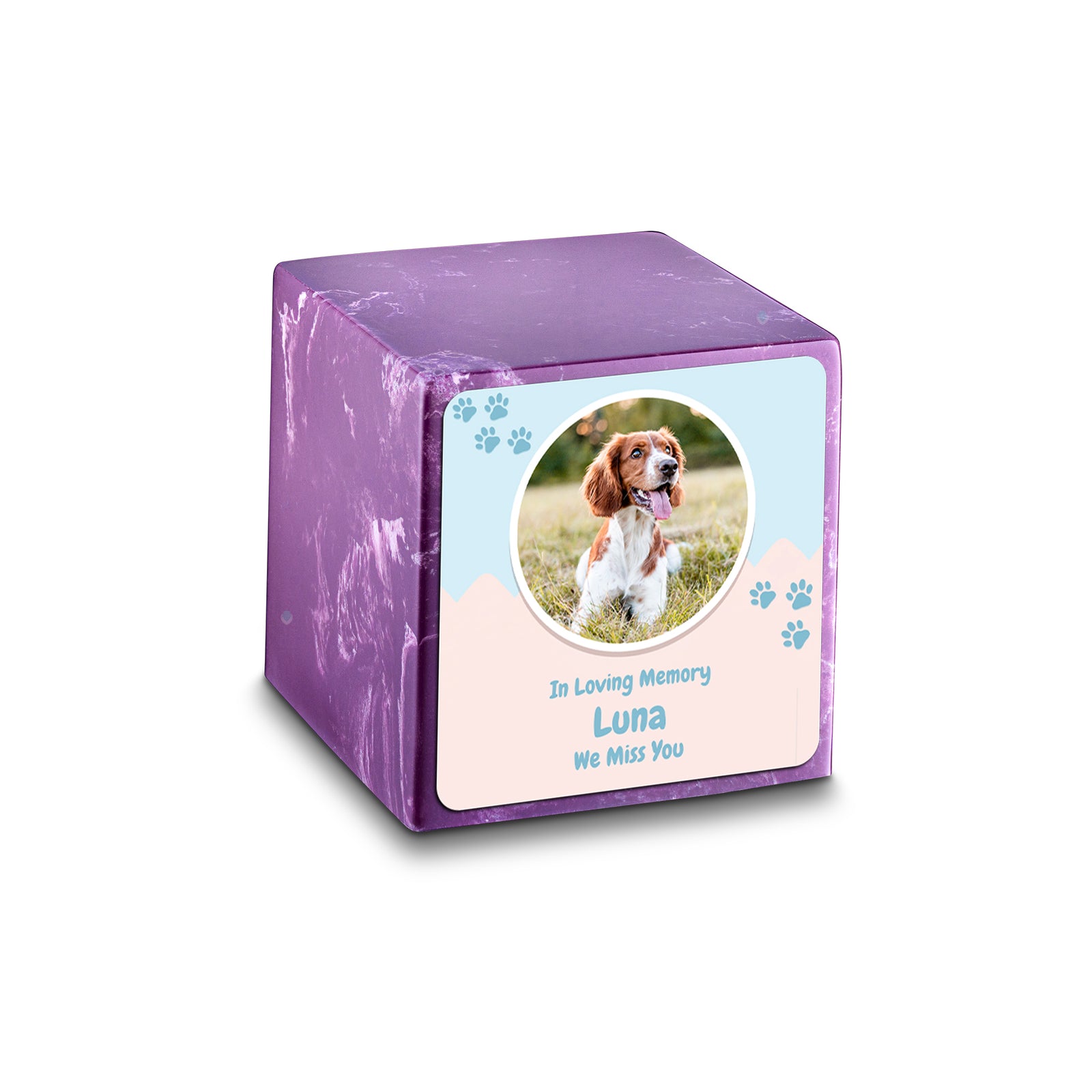 Small Cube Pet Portrait Amethyst Cultured Marble Pet Cremation Urn by MacKenzie
