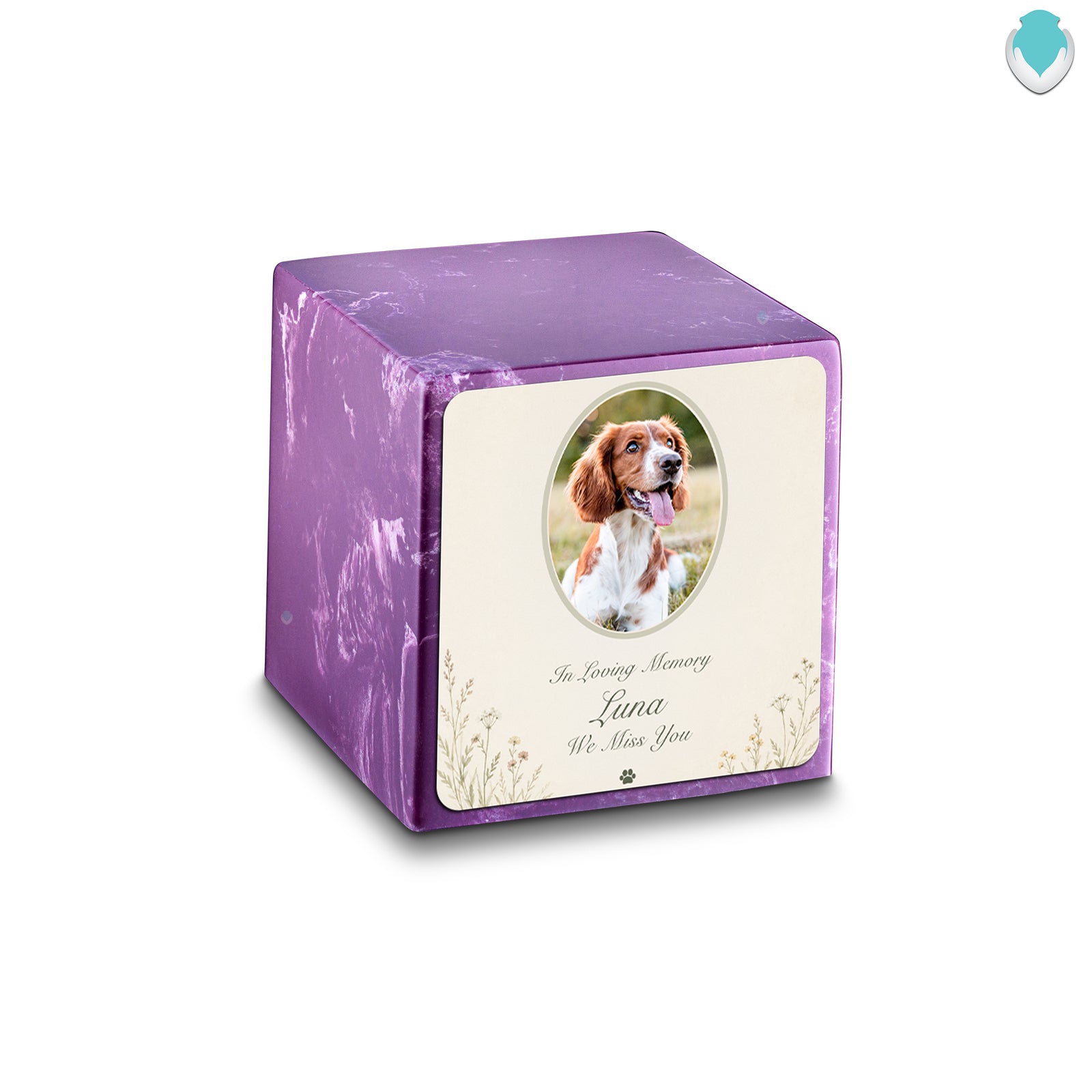 Small Cube Pet Portrait Tribute Amethyst Cultured Marble Pet Cremation Urn by MacKenzie