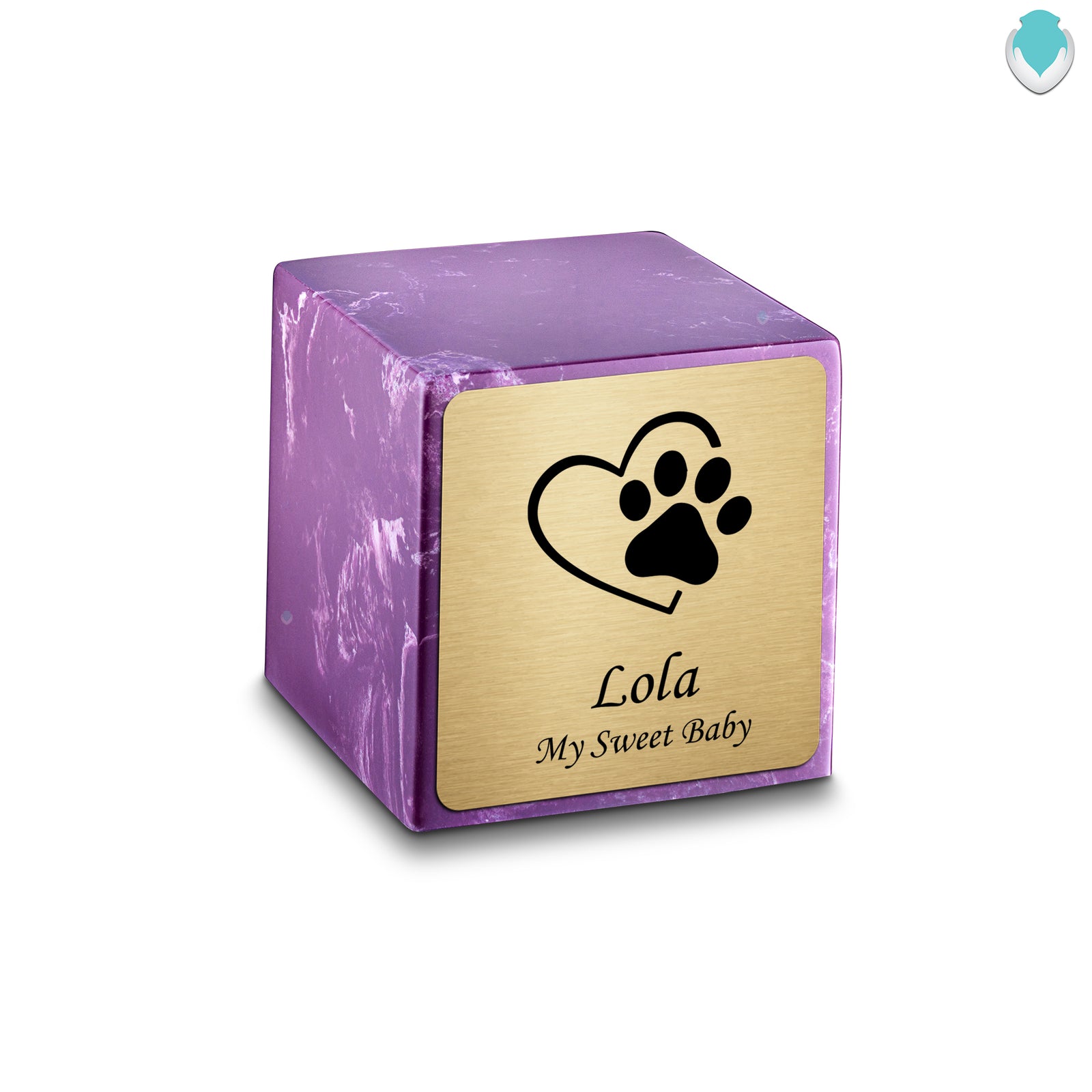 Small Cube Single Heart Paw Amethyst Cultured Marble Pet Cremation Urn by MacKenzie