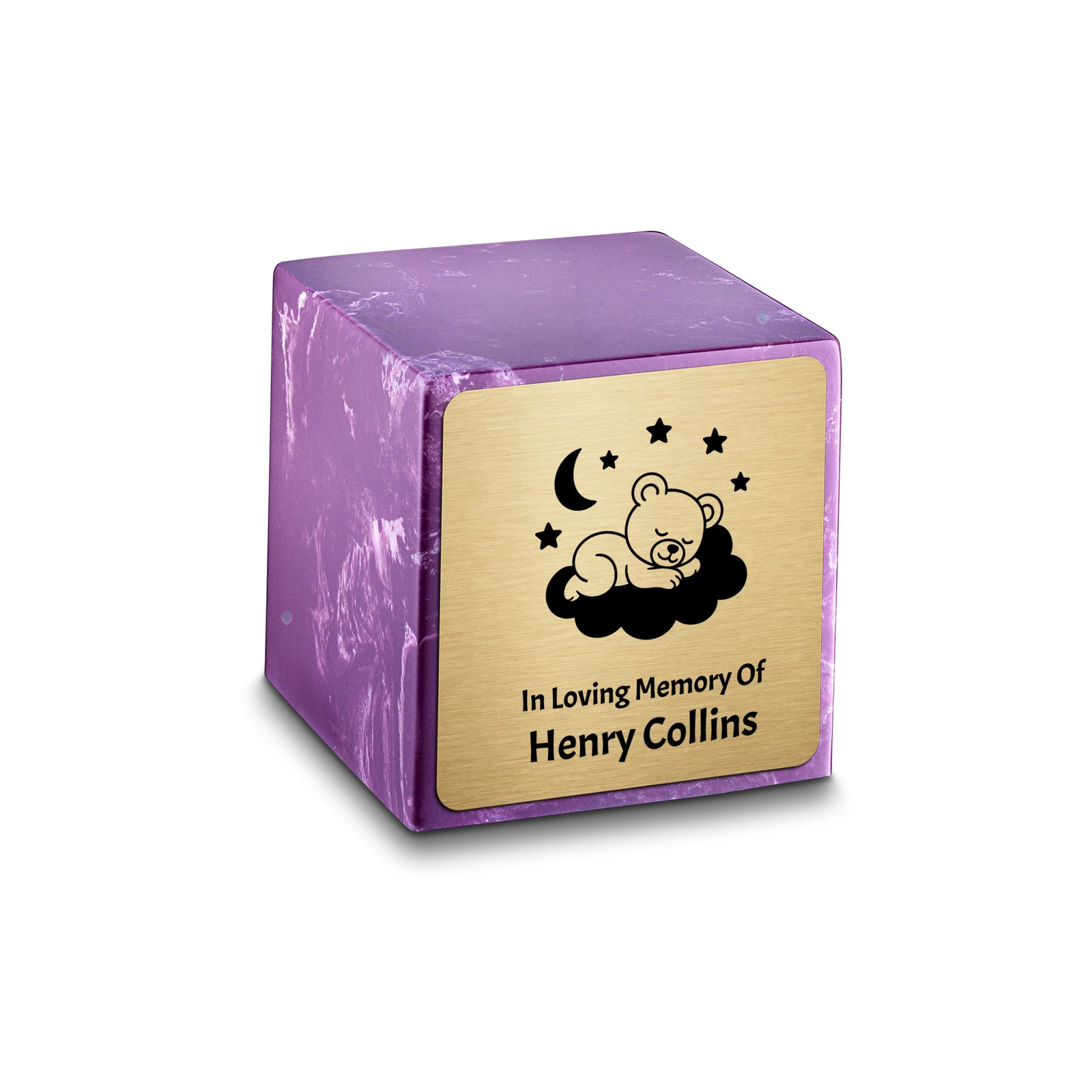 Small Cube Sleeping Teddy Amethyst Cultured Marble Child Cremation Urn by MacKenzie