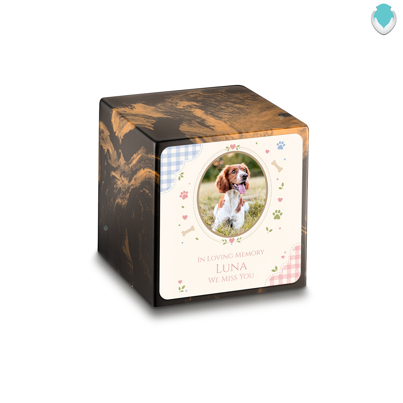 Small Cube Custom Pet Memorial Black & Gold Cultured Marble Pet Cremation Urn by MacKenzie
