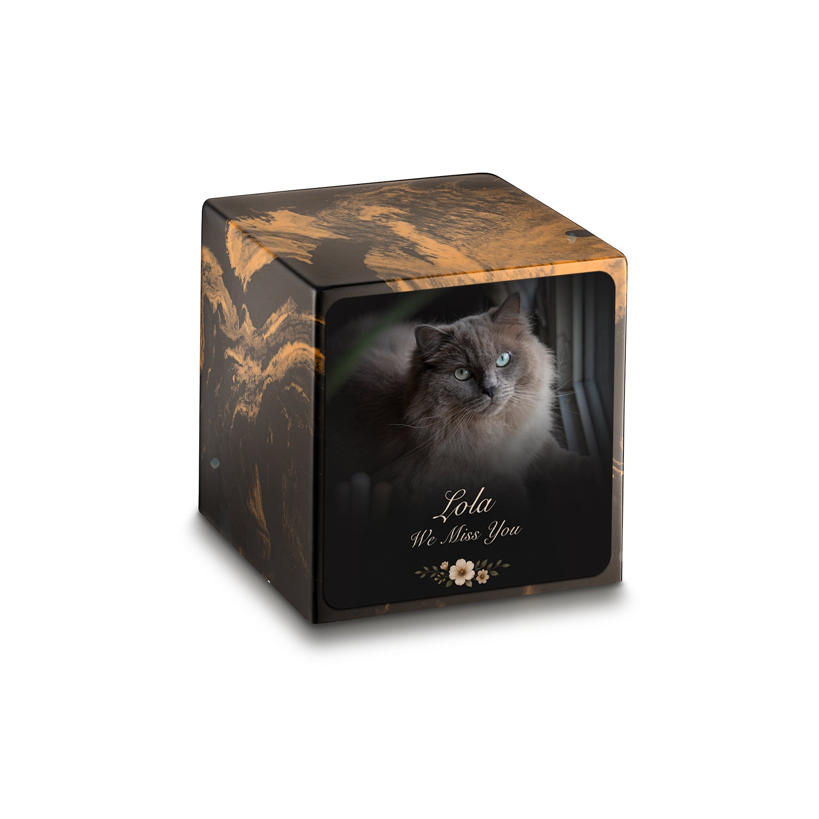 Small Cube Pet Portrait Photo Black & Gold Cultured Marble Pet Cremation Urn by MacKenzie