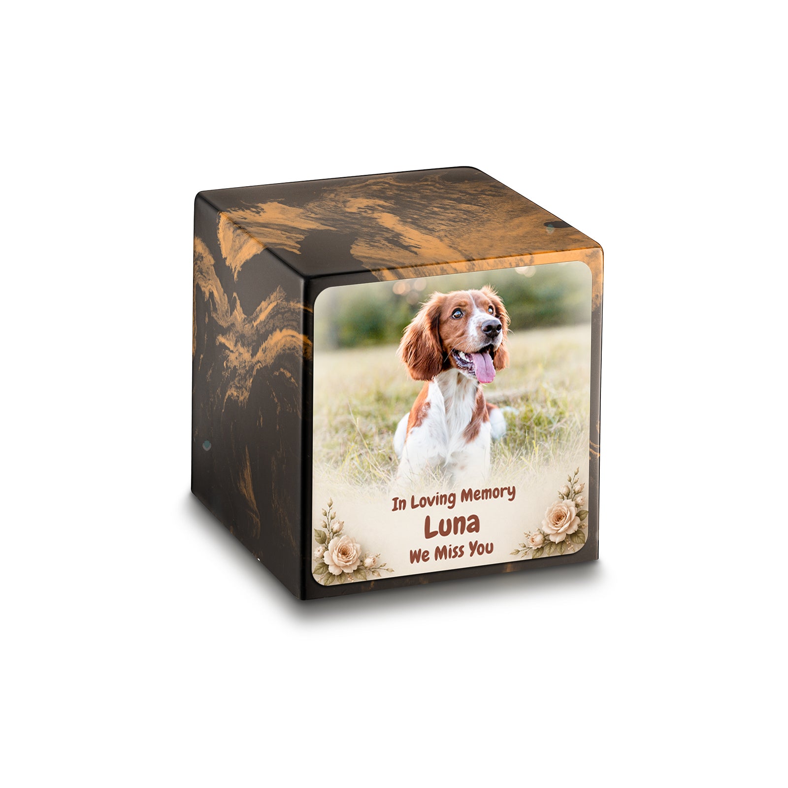 Small Cube Personalized Pet Photo Black & Gold Cultured Marble Pet Cremation Urn by MacKenzie