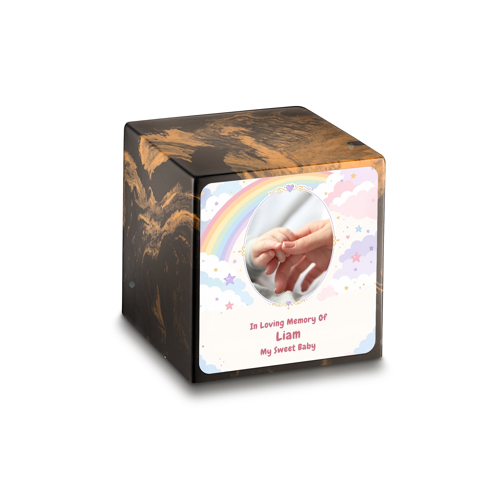 Small Cube Rainbow and Clouds Black & Gold Cultured Marble Child Cremation Urn by MacKenzie
