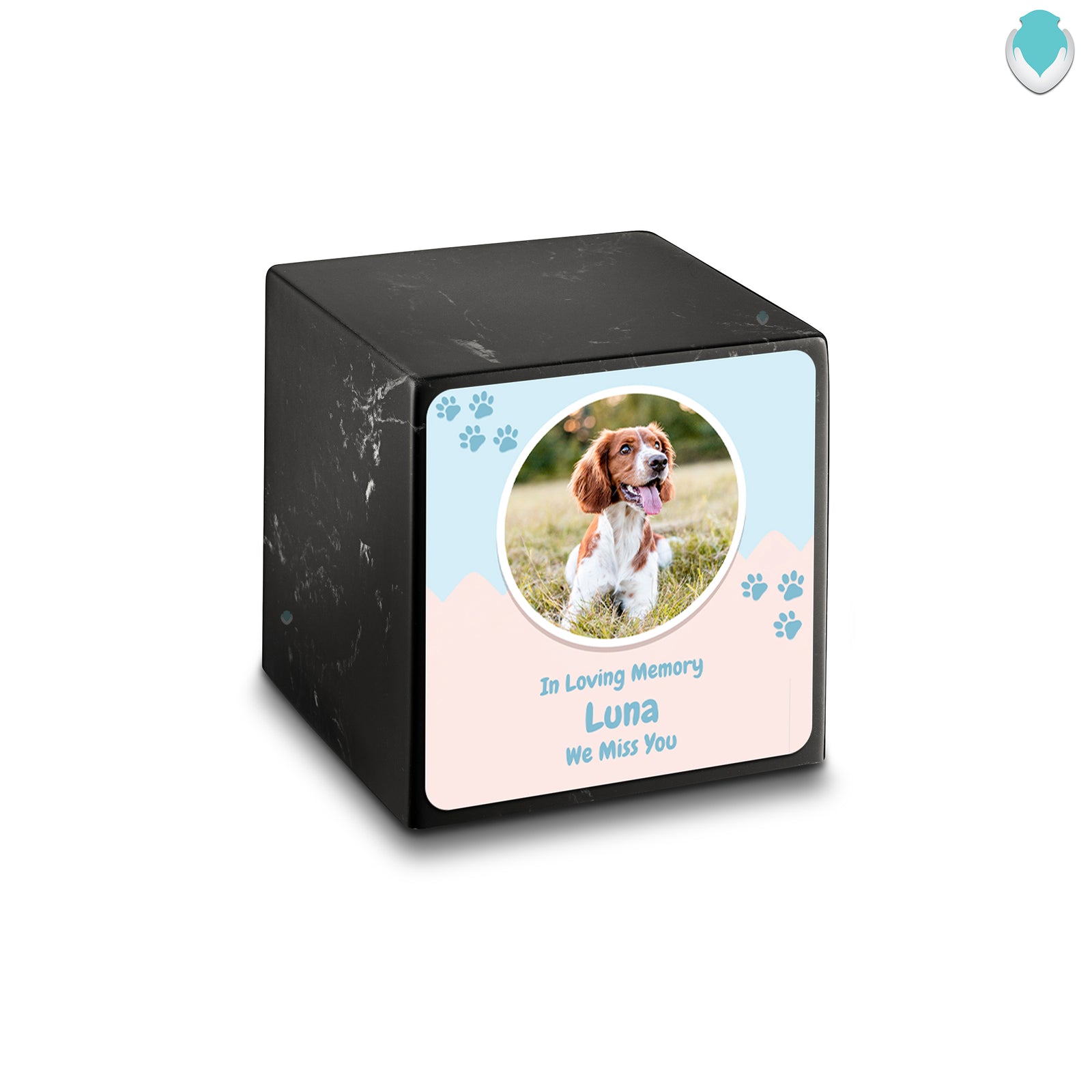 Small Cube Pet Portrait Black & White Cultured Marble Pet Cremation Urn by MacKenzie