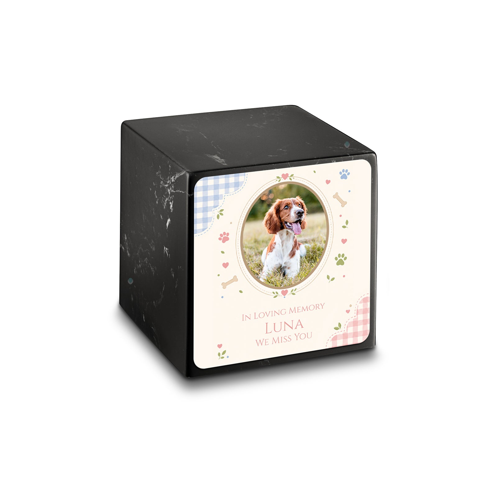 Small Cube Custom Pet Memorial Black & White Cultured Marble Pet Cremation Urn by MacKenzie