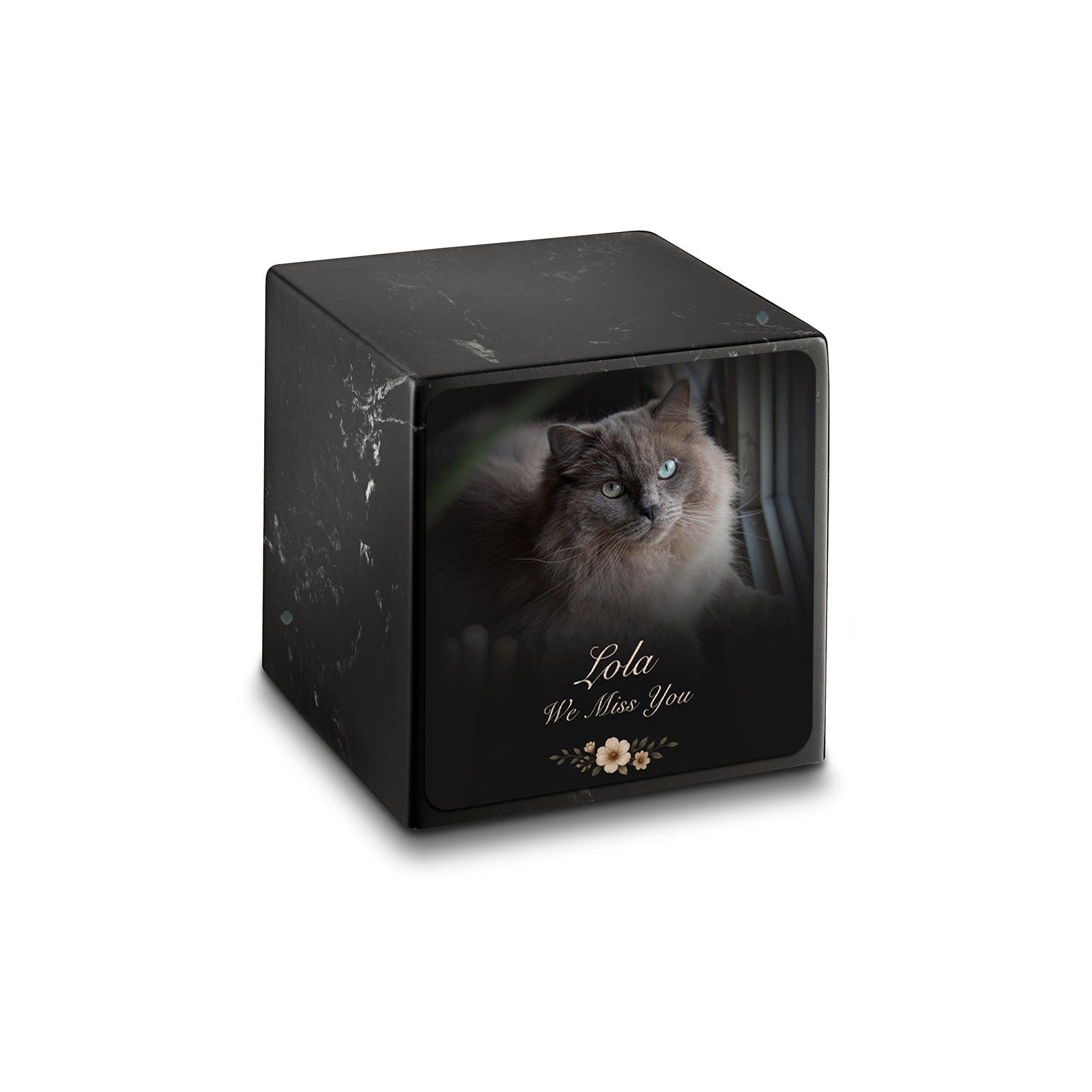 Small Cube Pet Portrait Photo Black & White Cultured Marble Pet Cremation Urn by MacKenzie