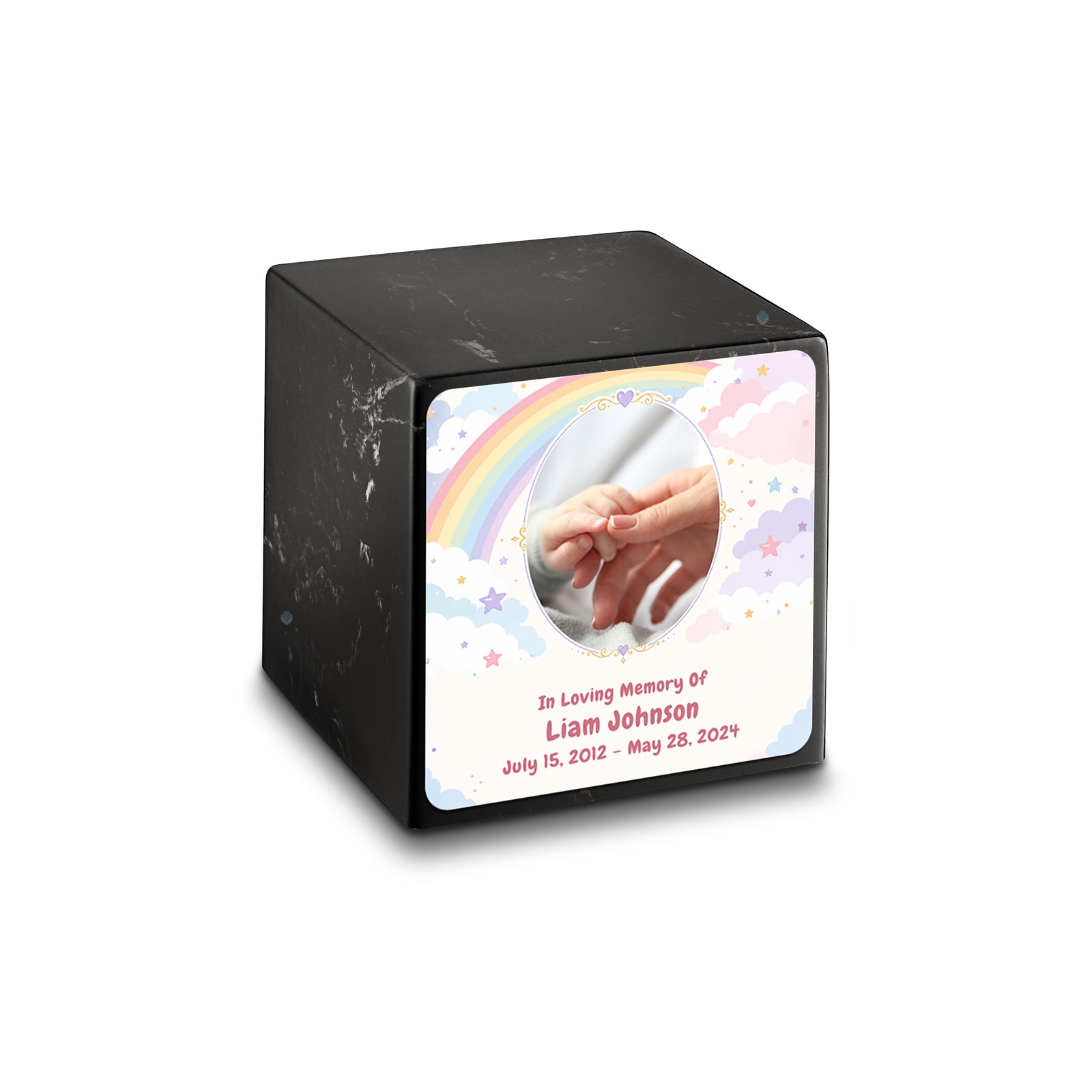 Small Cube Rainbow and Clouds Black & White Cultured Marble Child Cremation Urn by MacKenzie