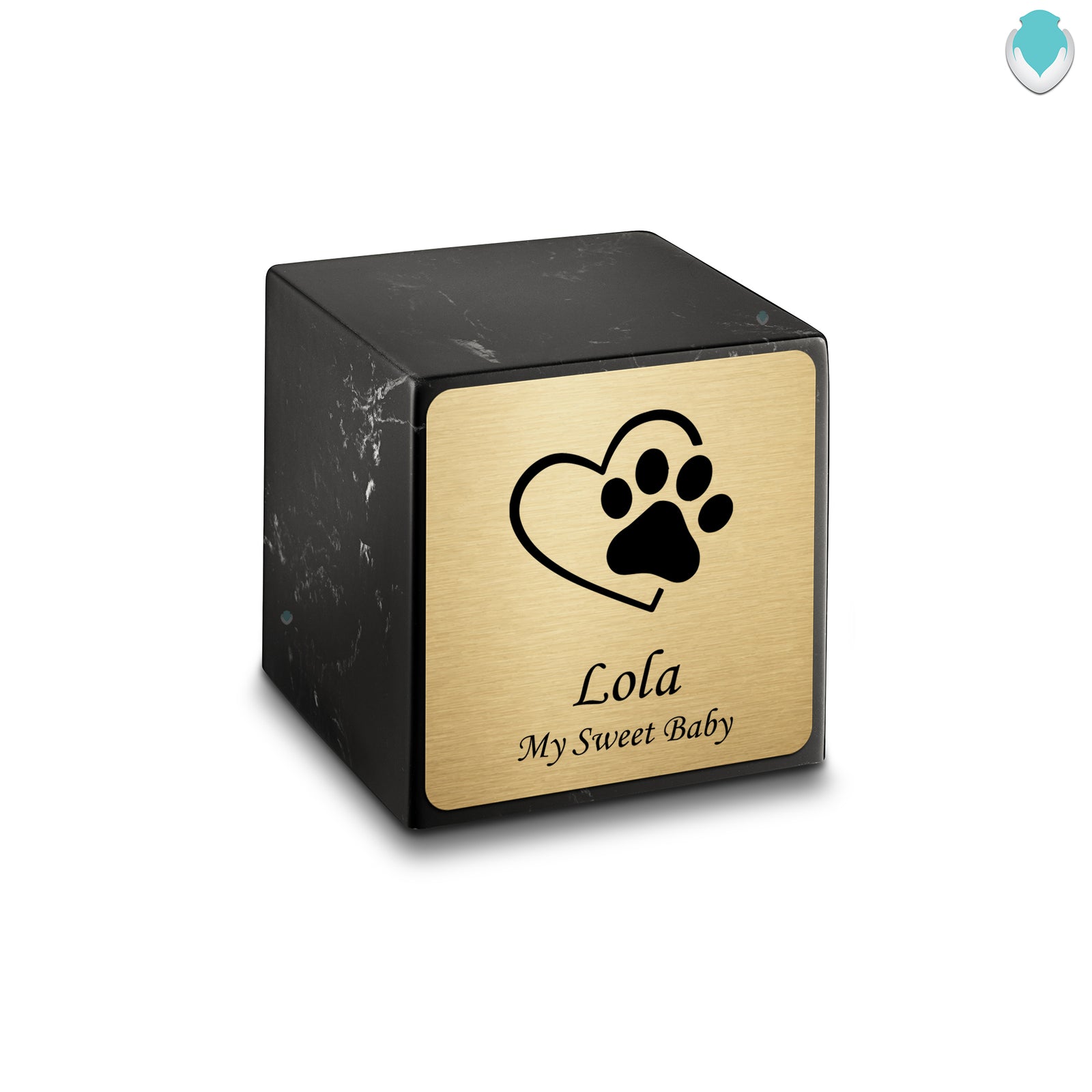 Small Cube Single Heart Paw Black and White Cultured Marble Pet Cremation Urn by MacKenzie