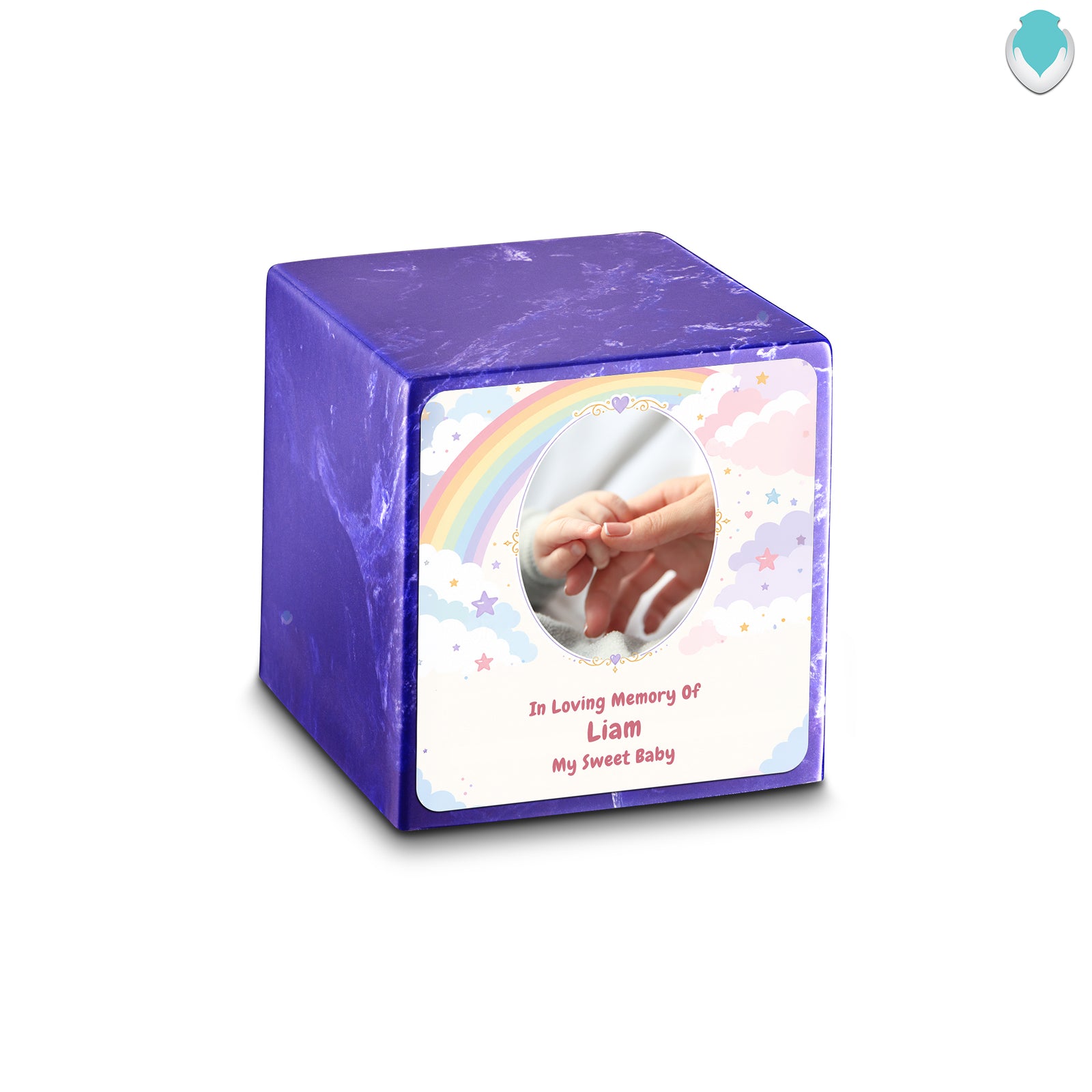 Small Cube Rainbow and Clouds Cobalt Cultured Marble Child Cremation Urn by MacKenzie