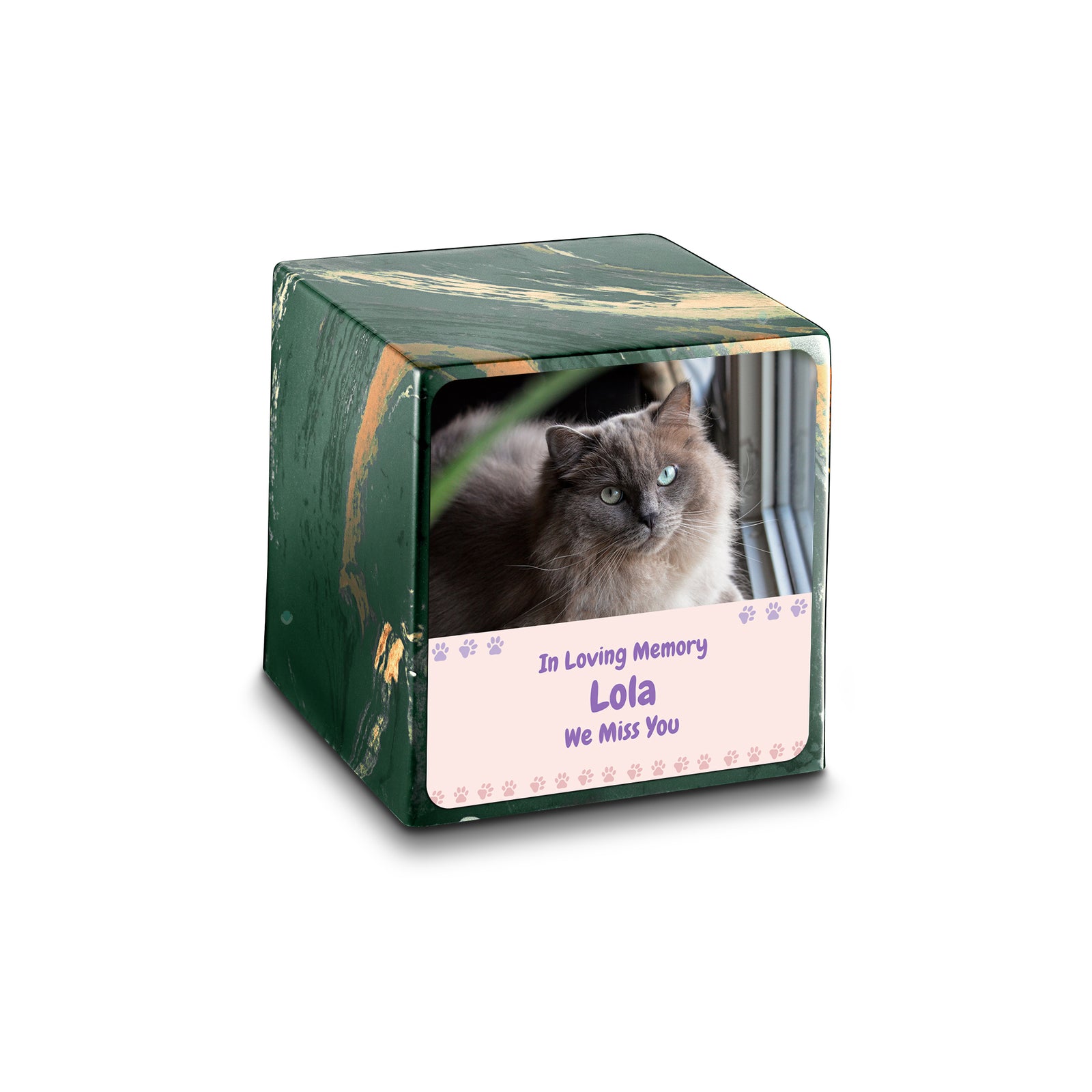 Small Cube Pet Photo Memorial Camo Cultured Marble Pet Cremation Urn by MacKenzie
