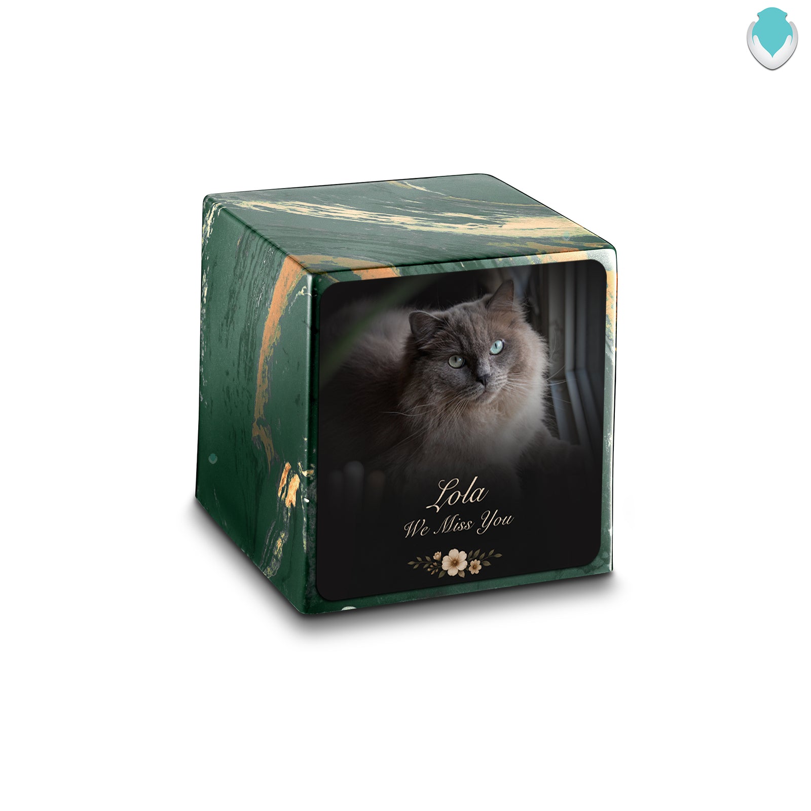 Small Cube Pet Portrait Photo Camo Cultured Marble Pet Cremation Urn by MacKenzie