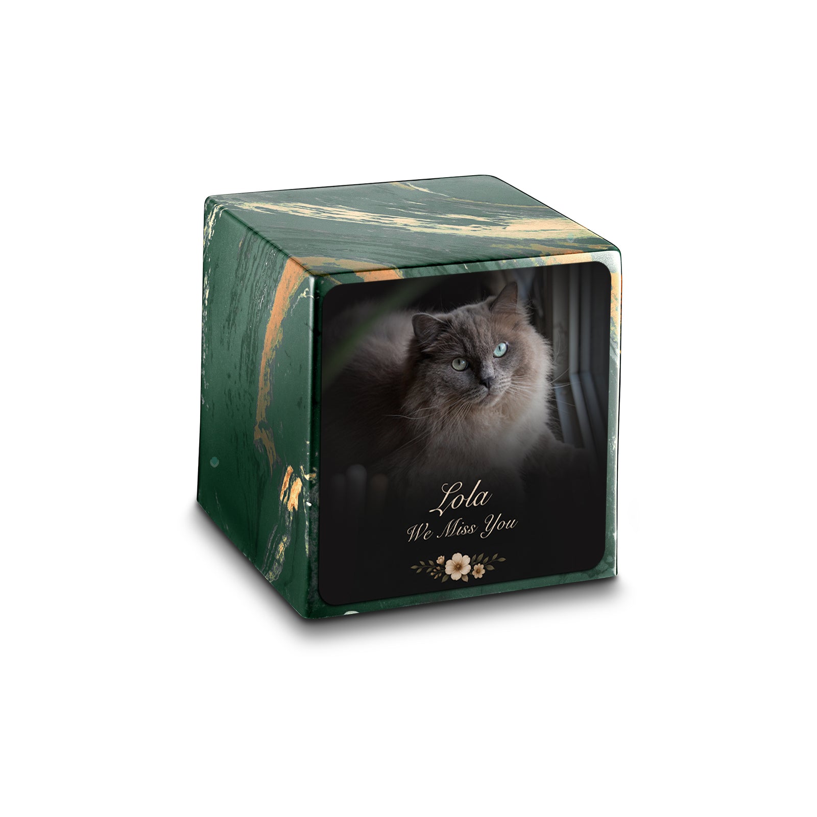 Small Cube Pet Portrait Photo Camo Cultured Marble Pet Cremation Urn by MacKenzie