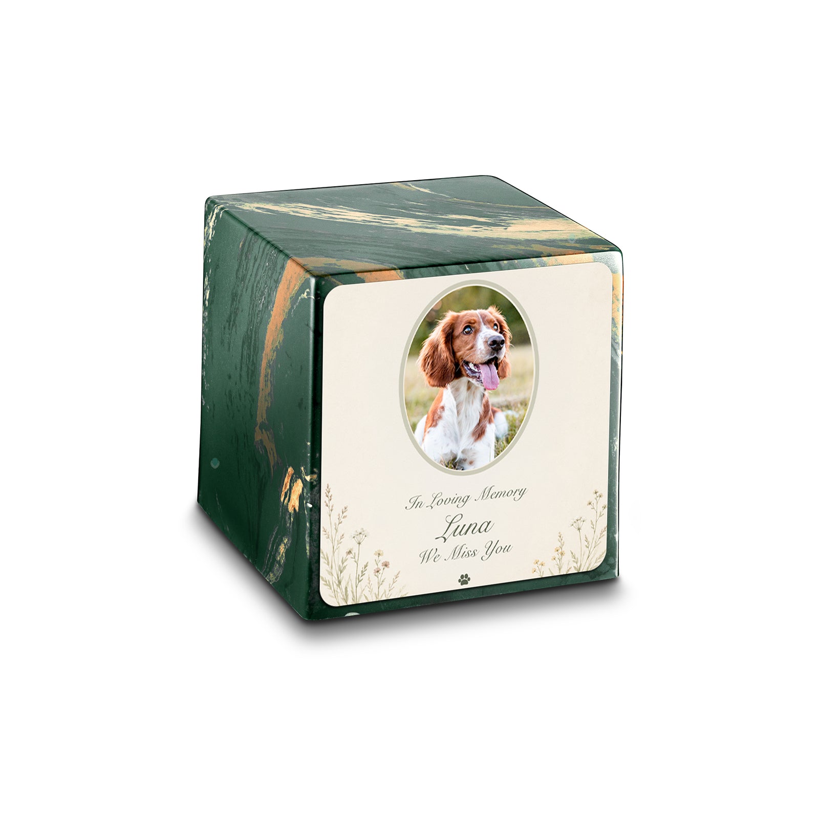 Small Cube Pet Portrait Tribute Camo Cultured Marble Pet Cremation Urn by MacKenzie