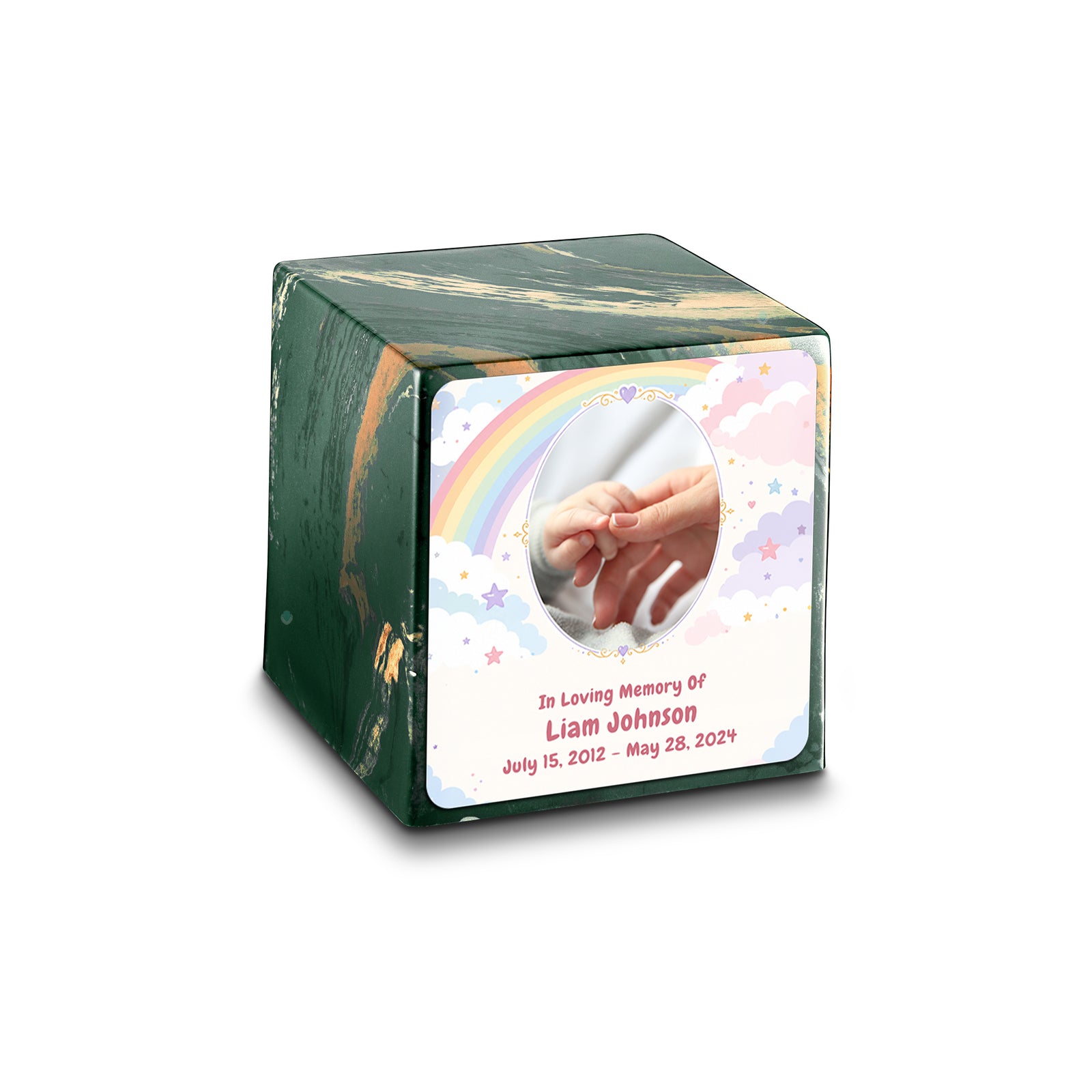 Small Cube Rainbow and Clouds Camo Cultured Marble Child Cremation Urn by MacKenzie