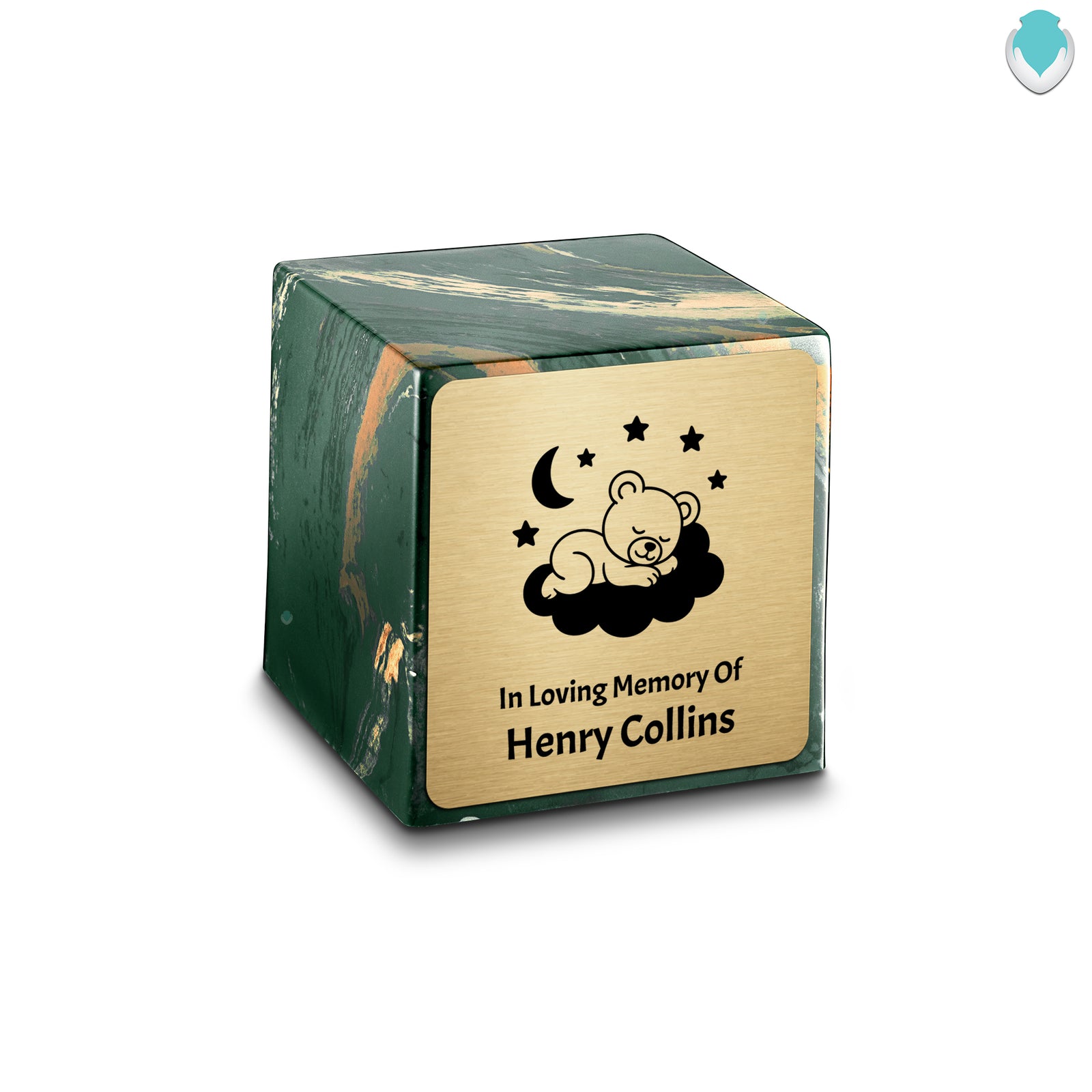 Small Cube Sleeping Teddy Camo Cultured Marble Child Cremation Urn by MacKenzie