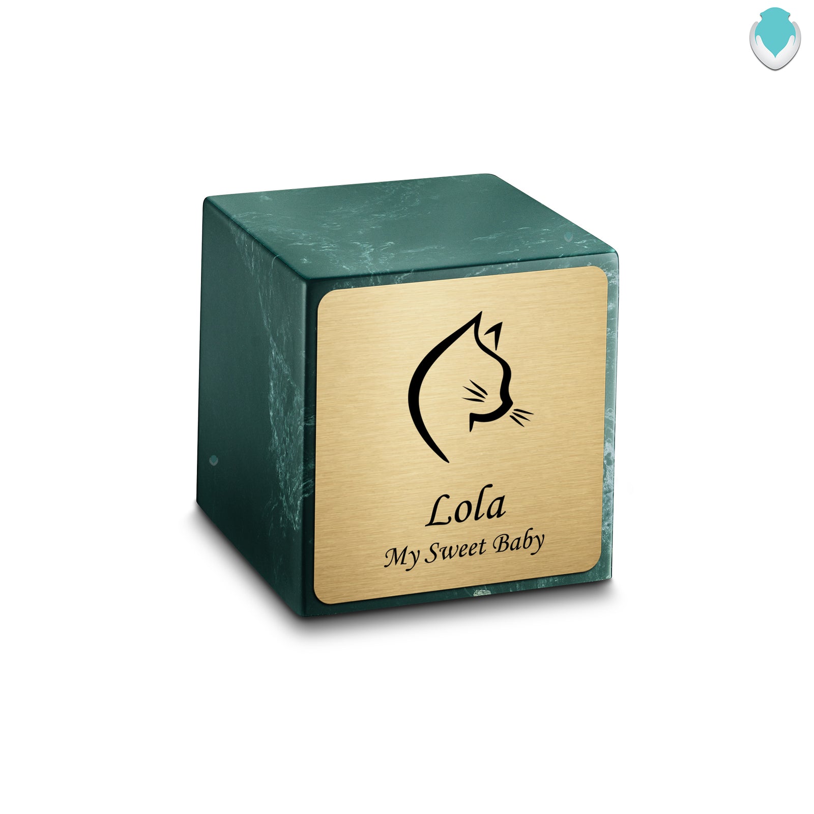 Small Cube Cat Head Evergreen Cultured Marble Pet Cremation Urn by MacKenzie