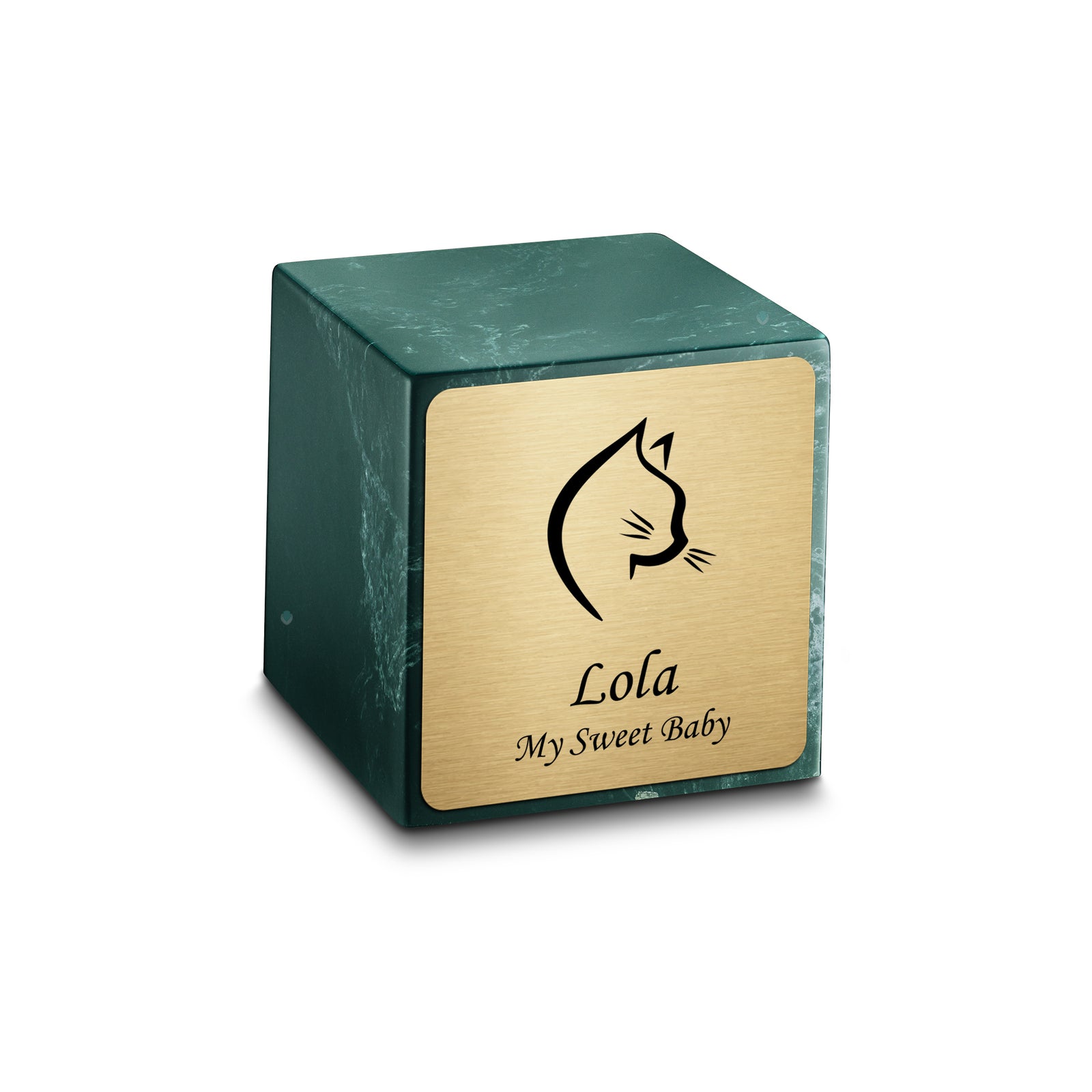 Small Cube Cat Head Evergreen Cultured Marble Pet Cremation Urn by MacKenzie