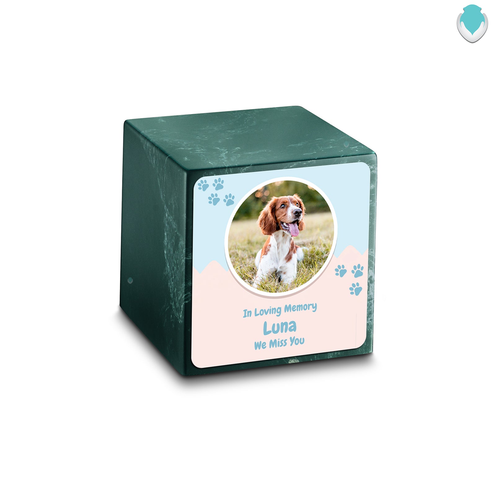 Small Cube Pet Portrait Evergreen Cultured Marble Pet Cremation Urn by MacKenzie