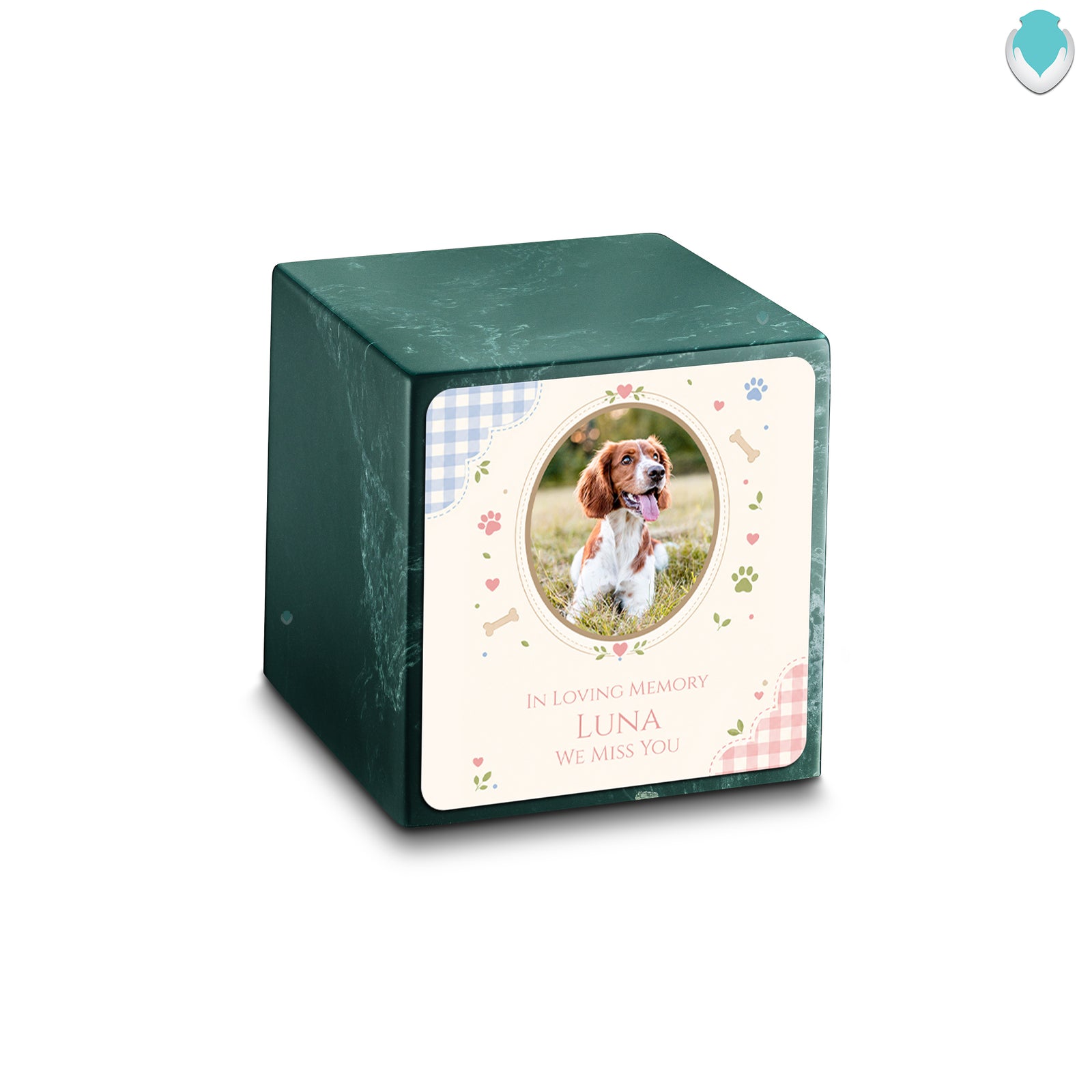 Small Cube Custom Pet Memorial Evergreen Cultured Marble Pet Cremation Urn by MacKenzie