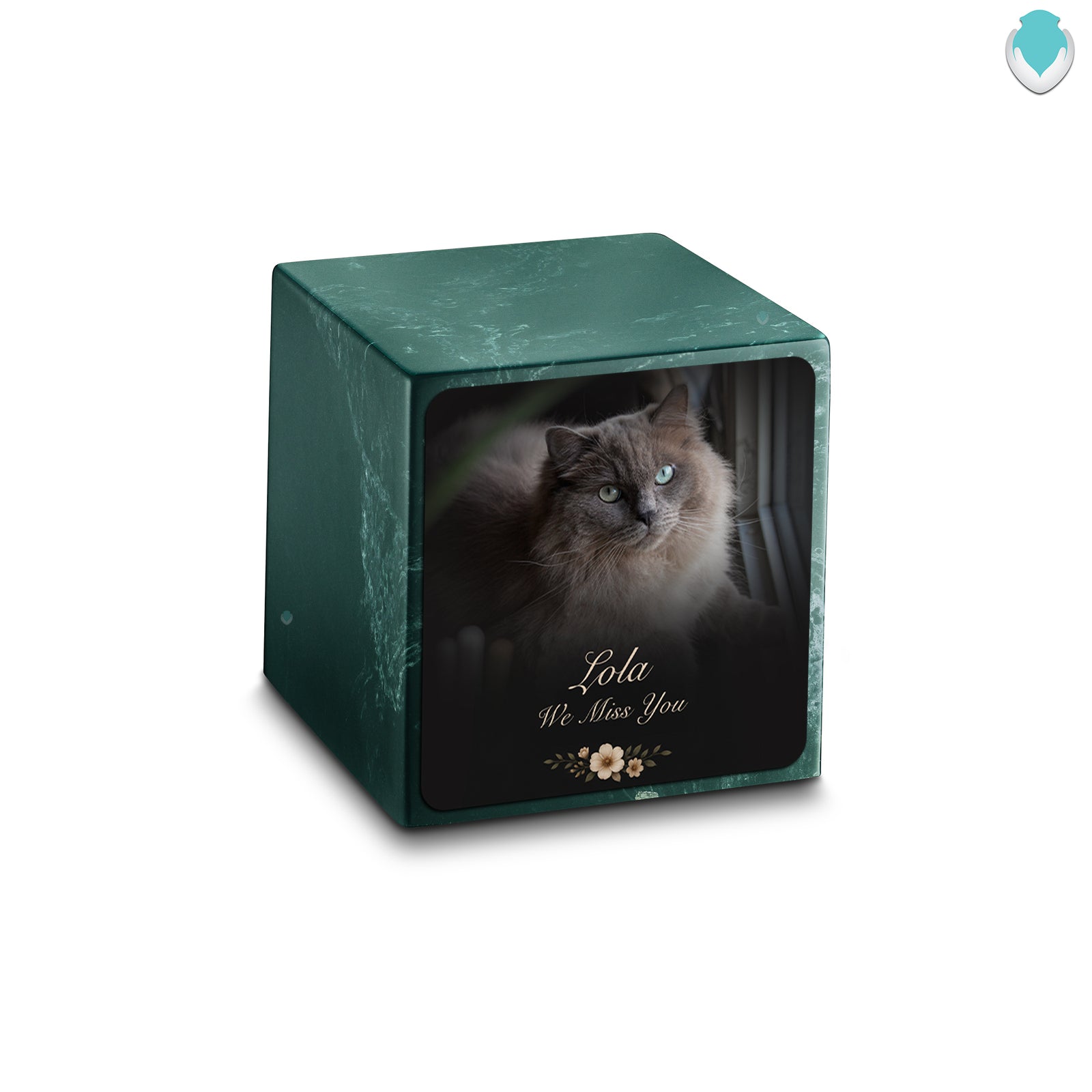 Small Cube Pet Portrait Photo Evergreen Cultured Marble Pet Cremation Urn by MacKenzie