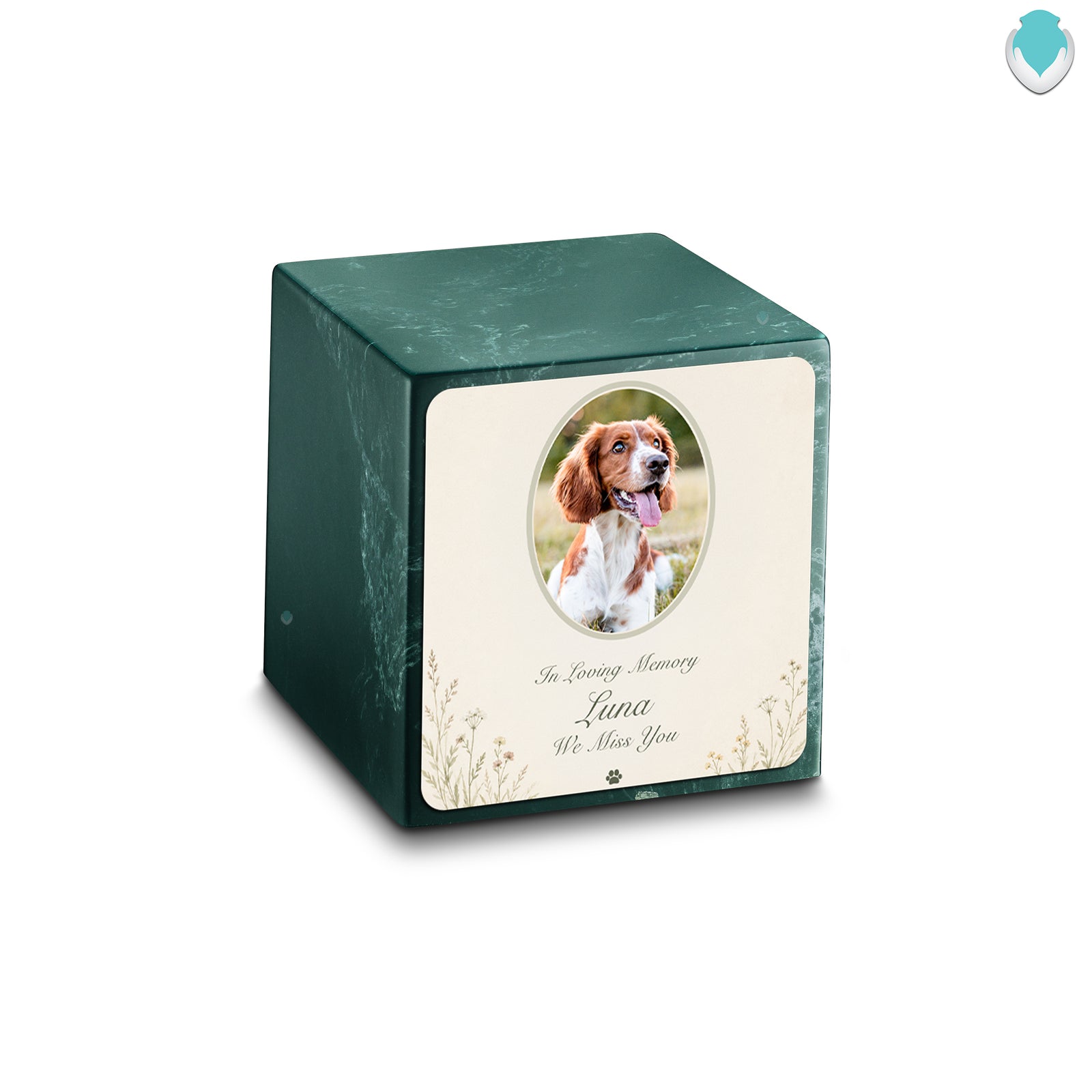 Small Cube Pet Portrait Tribute Evergreen Cultured Marble Pet Cremation Urn by MacKenzie