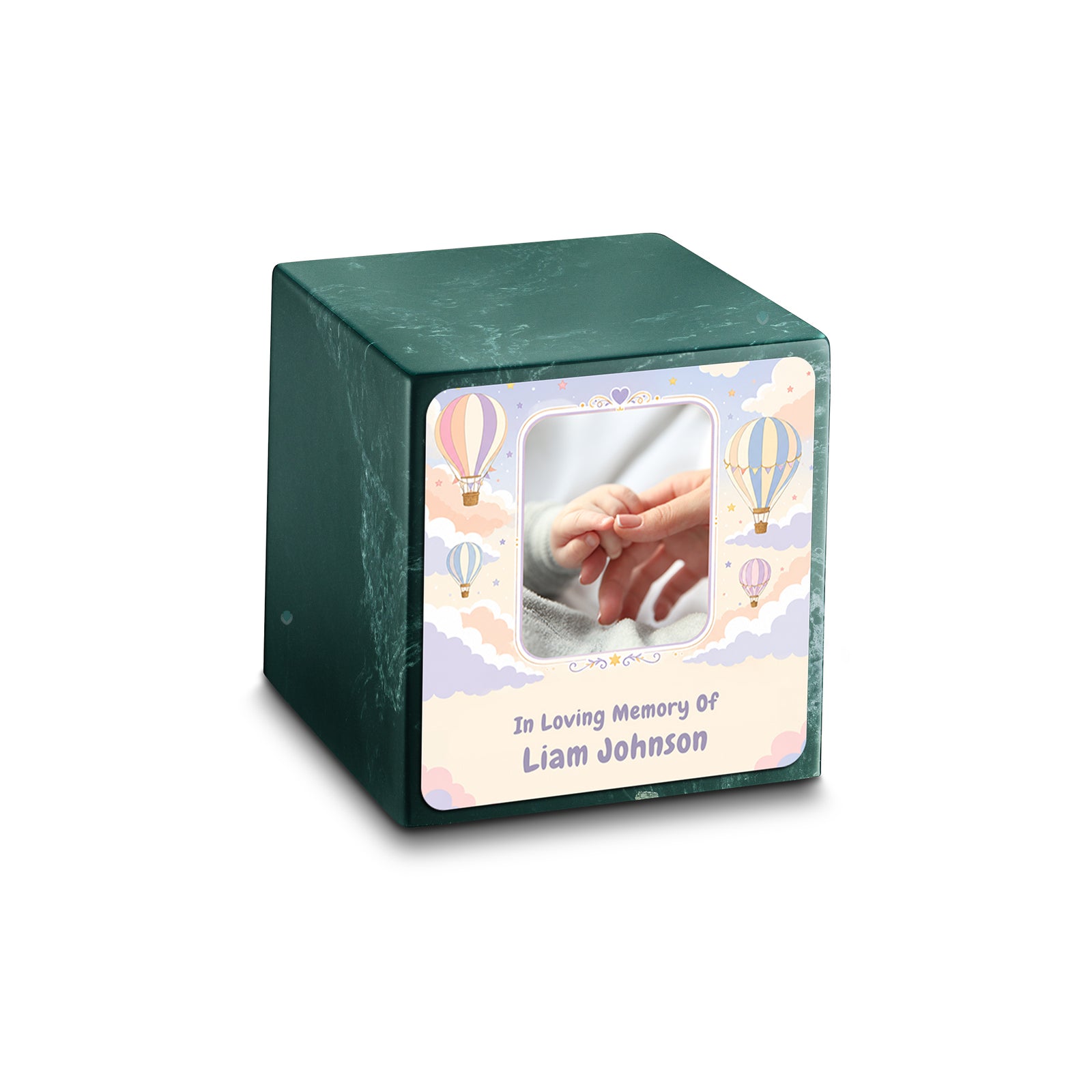 Small Cube Hot Air Balloons Evergreen Cultured Marble Child Cremation Urn by MacKenzie