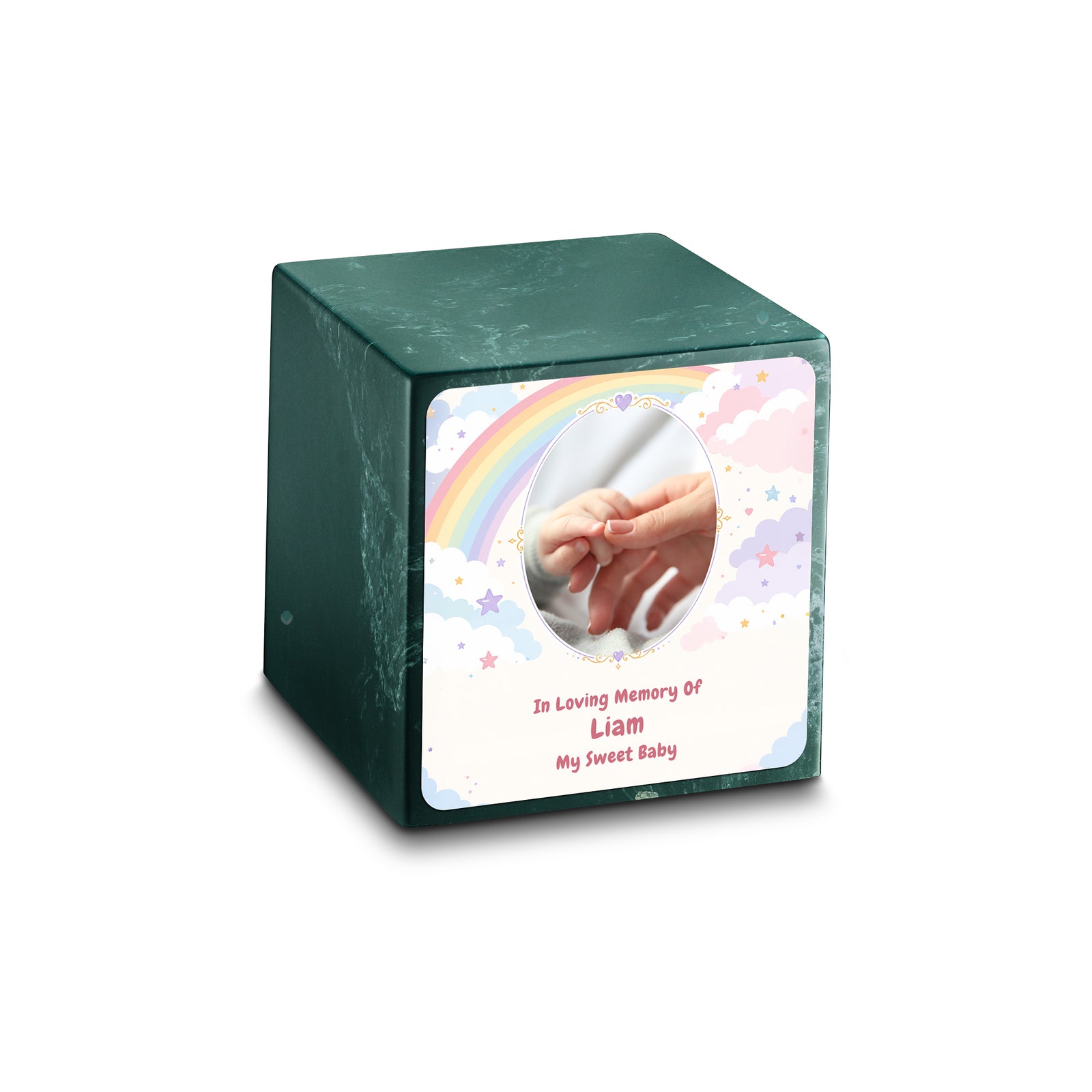 Small Cube Rainbow and Clouds Evergreen Cultured Marble Child Cremation Urn by MacKenzie