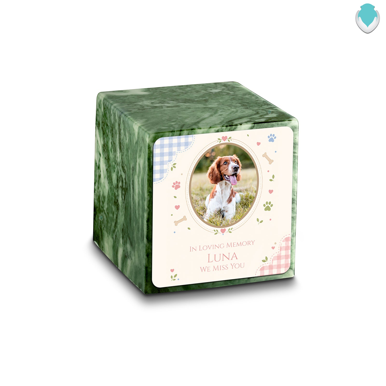 Small Cube Custom Pet Memorial Emerald Cultured Marble Pet Cremation Urn by MacKenzie