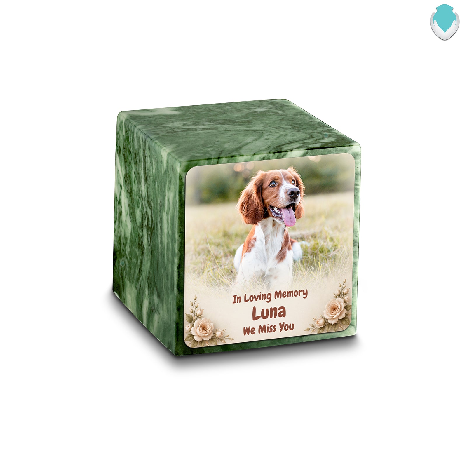 Small Cube Personalized Pet Photo Emerald Cultured Marble Pet Cremation Urn by MacKenzie
