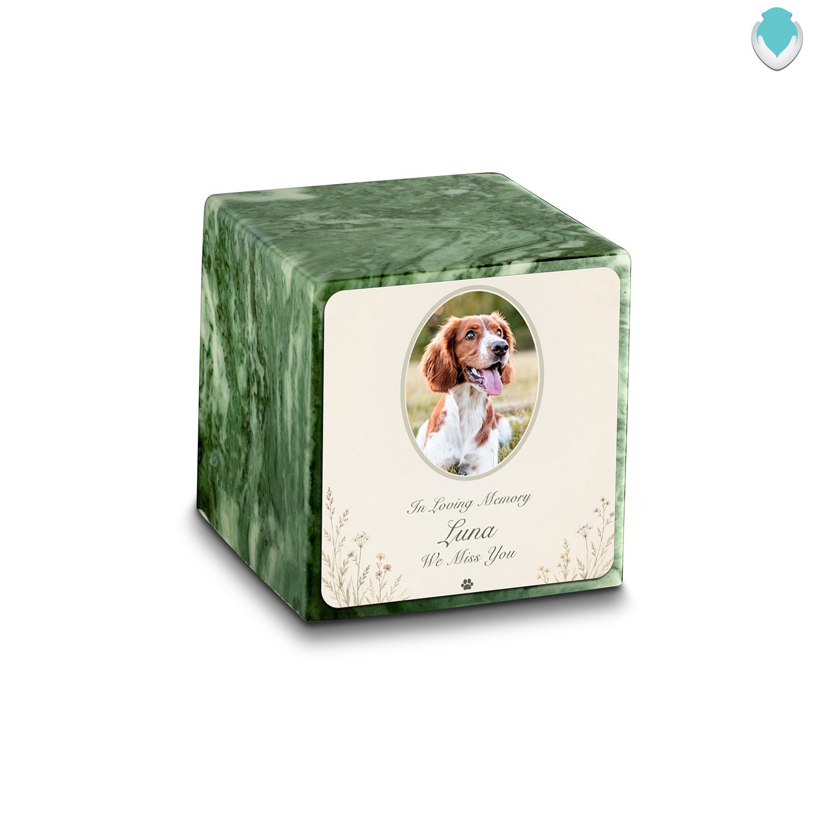 Small Cube Pet Portrait Tribute Emerald Cultured Marble Pet Cremation Urn by MacKenzie