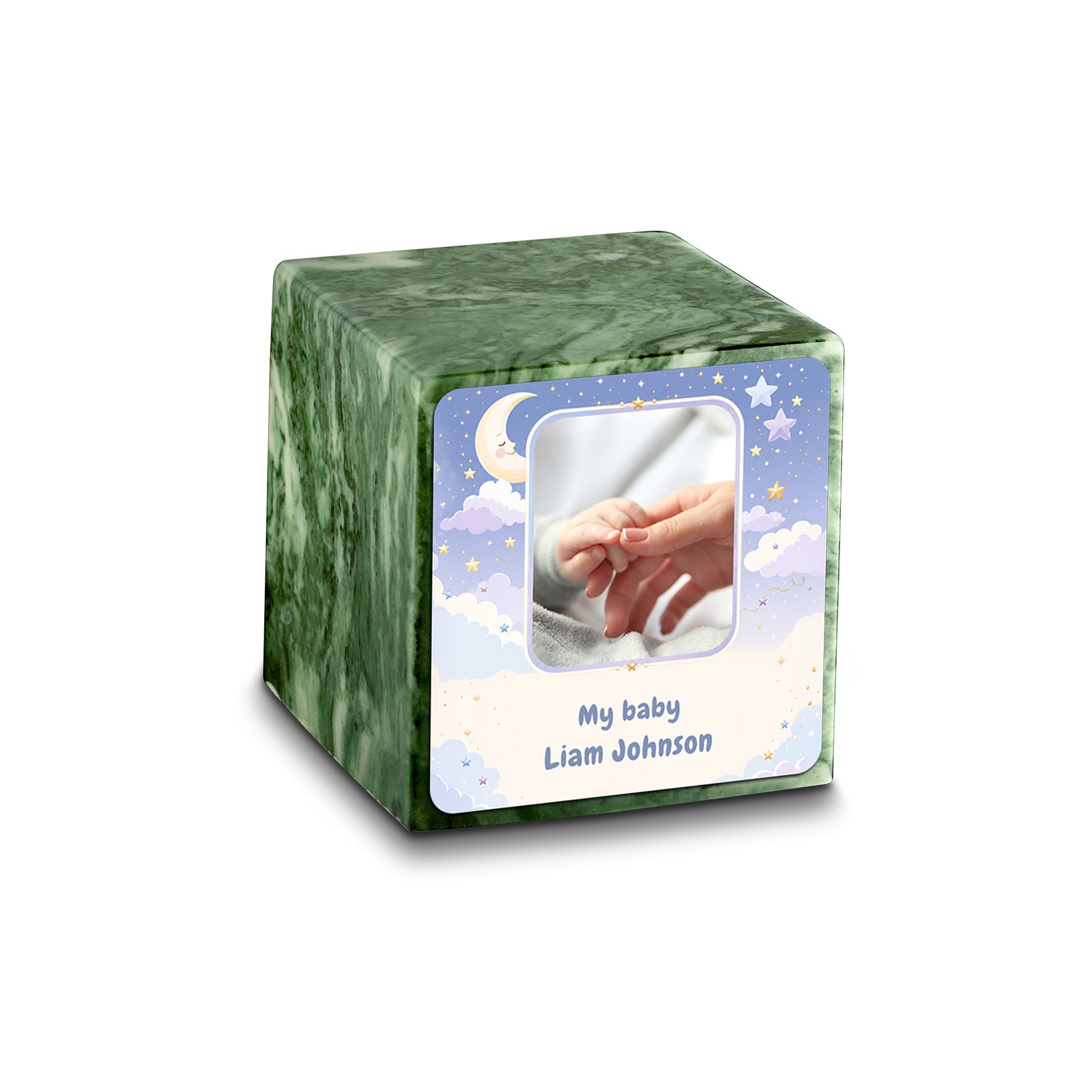 Small Cube Moon and Stars Emerald Cultured Marble Child Cremation Urn by MacKenzie