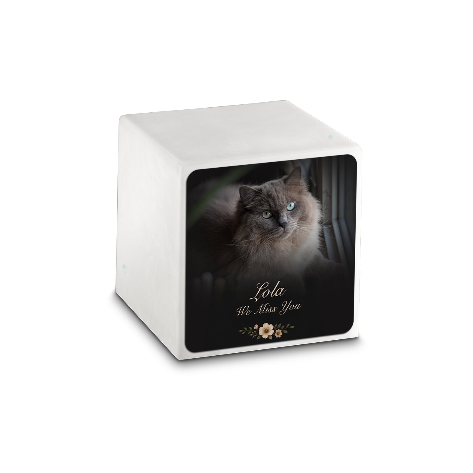 Small Cube Pet Portrait Photo Glacier White Cultured Marble Pet Cremation Urn by MacKenzie
