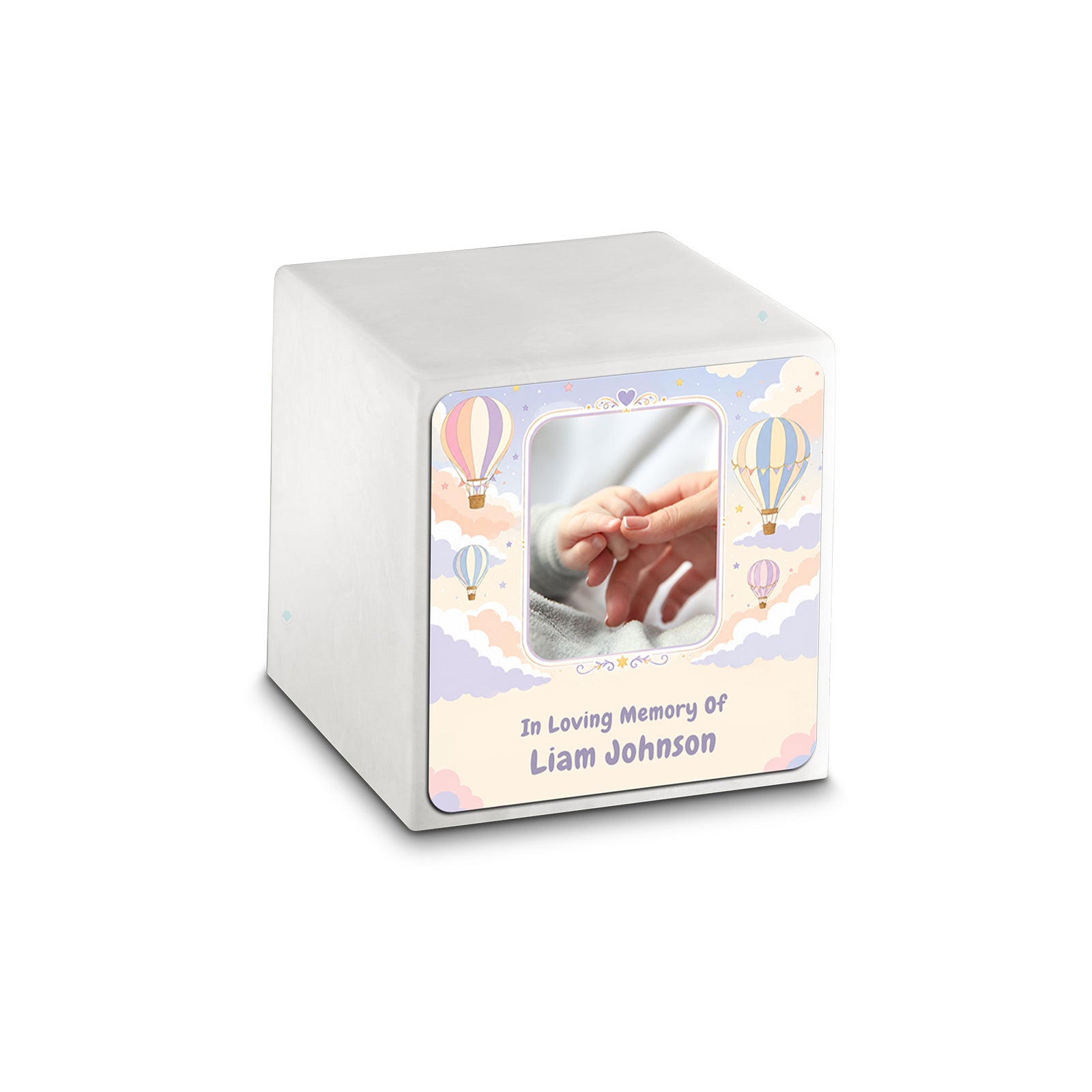 Small Cube Hot Air Balloons Glacier White Cultured Marble Child Cremation Urn by MacKenzie