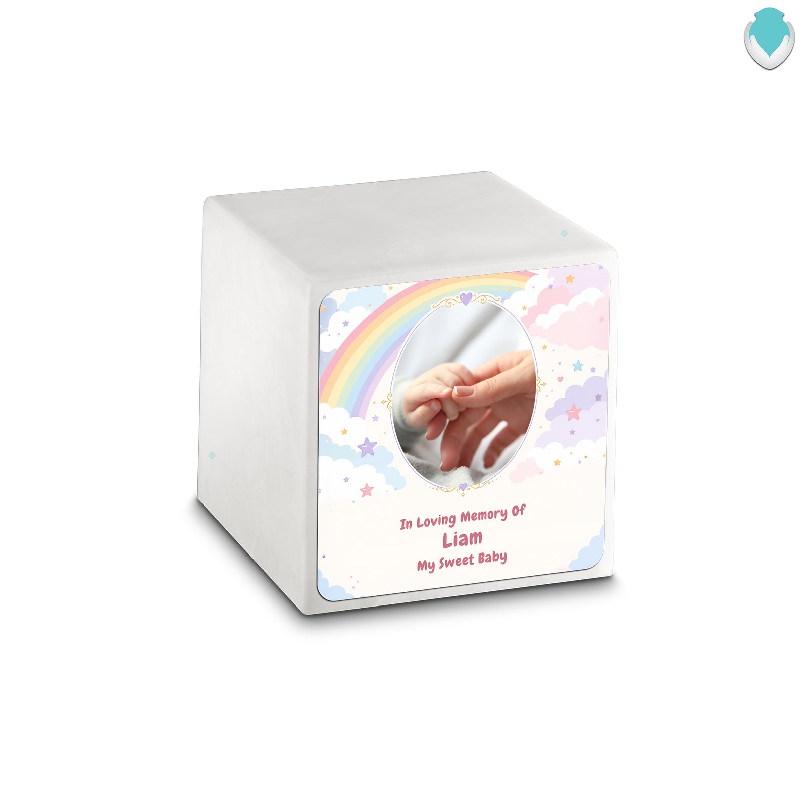Small Cube Rainbow and Clouds Glacier White Cultured Marble Child Cremation Urn by MacKenzie