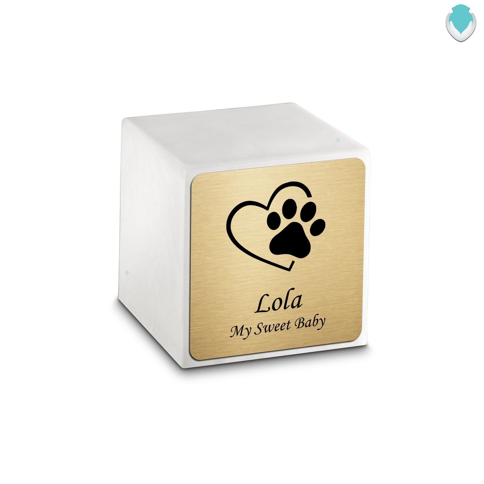 Small Cube Single Heart Paw Glacier White Cultured Marble Pet Cremation Urn by MacKenzie