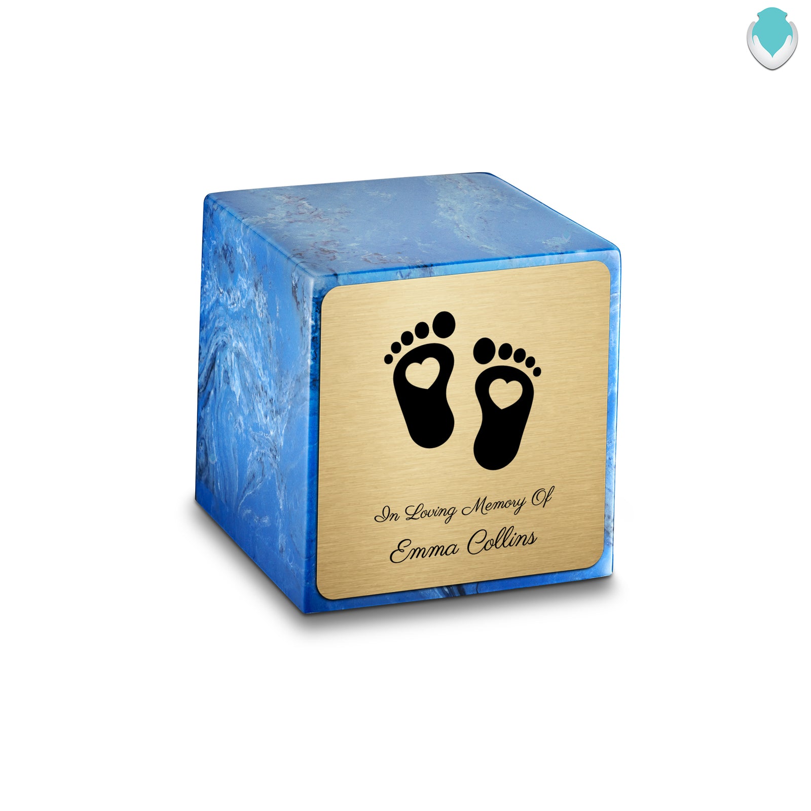 Small Cube Loving Heart Feet Mystic Blue Cultured Marble Child Cremation Urn by MacKenzie