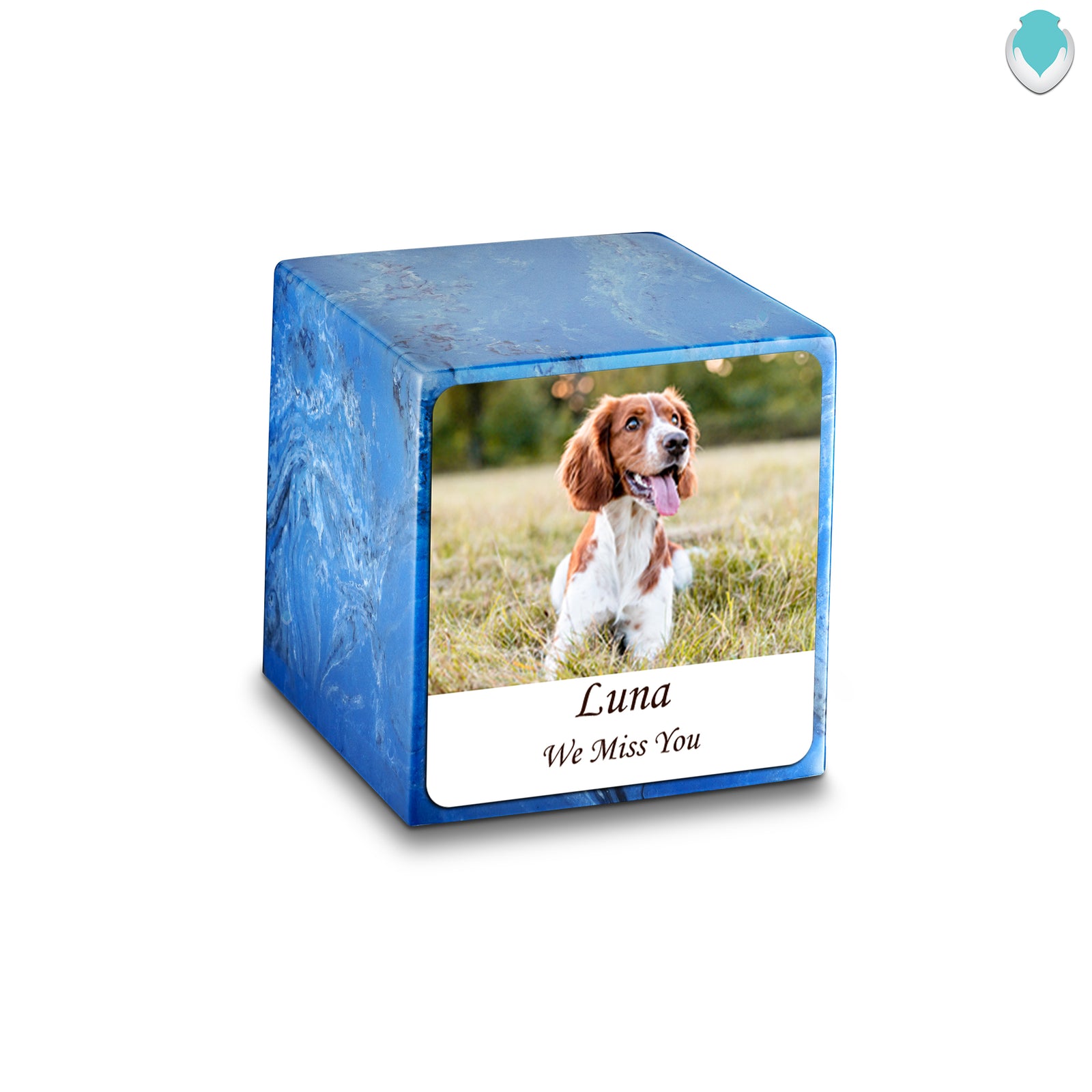 Small Cube Custom Pet Photo Mystic Blue Cultured Marble Pet Cremation Urn by MacKenzie