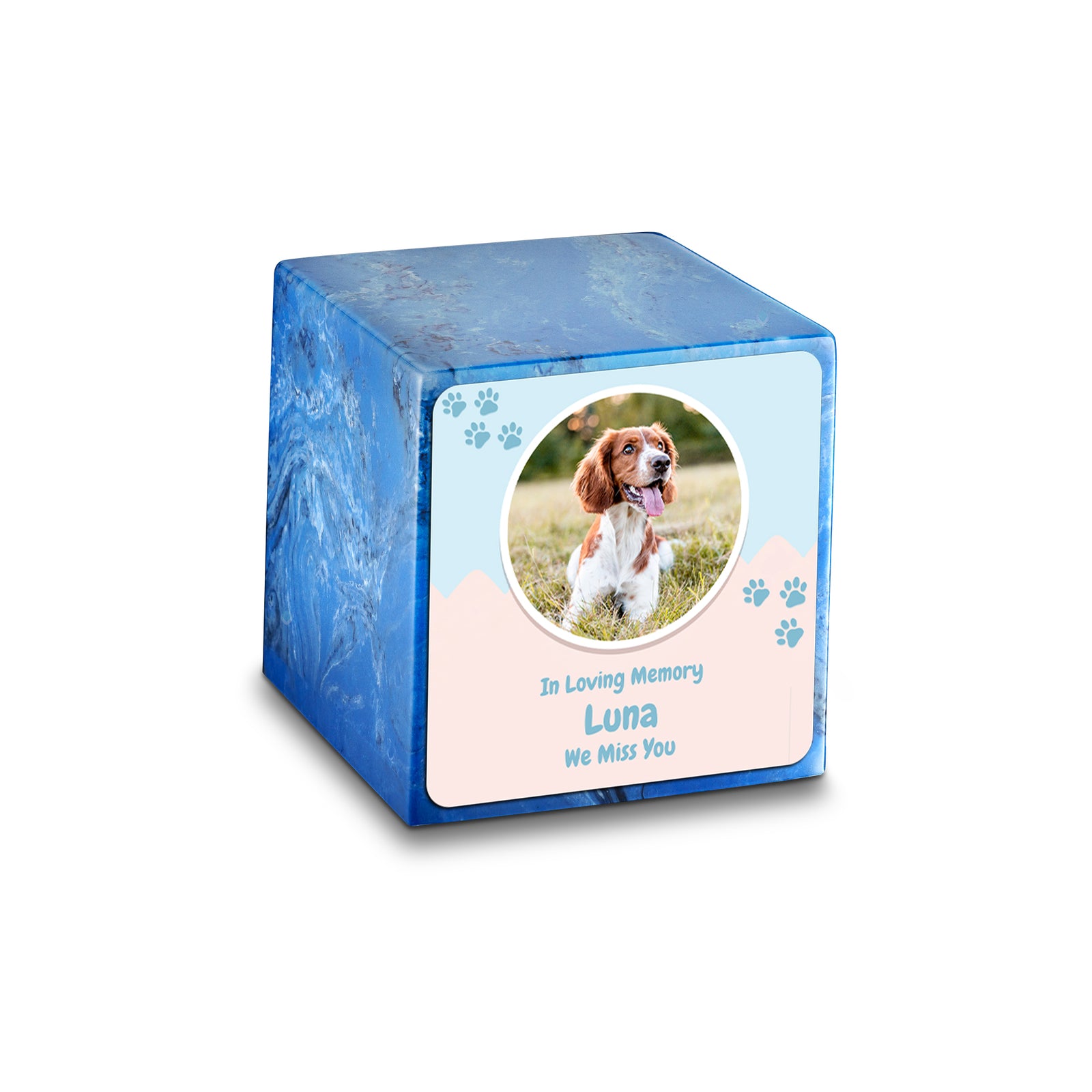 Small Cube Pet Portrait Mystic Blue Cultured Marble Pet Cremation Urn by MacKenzie
