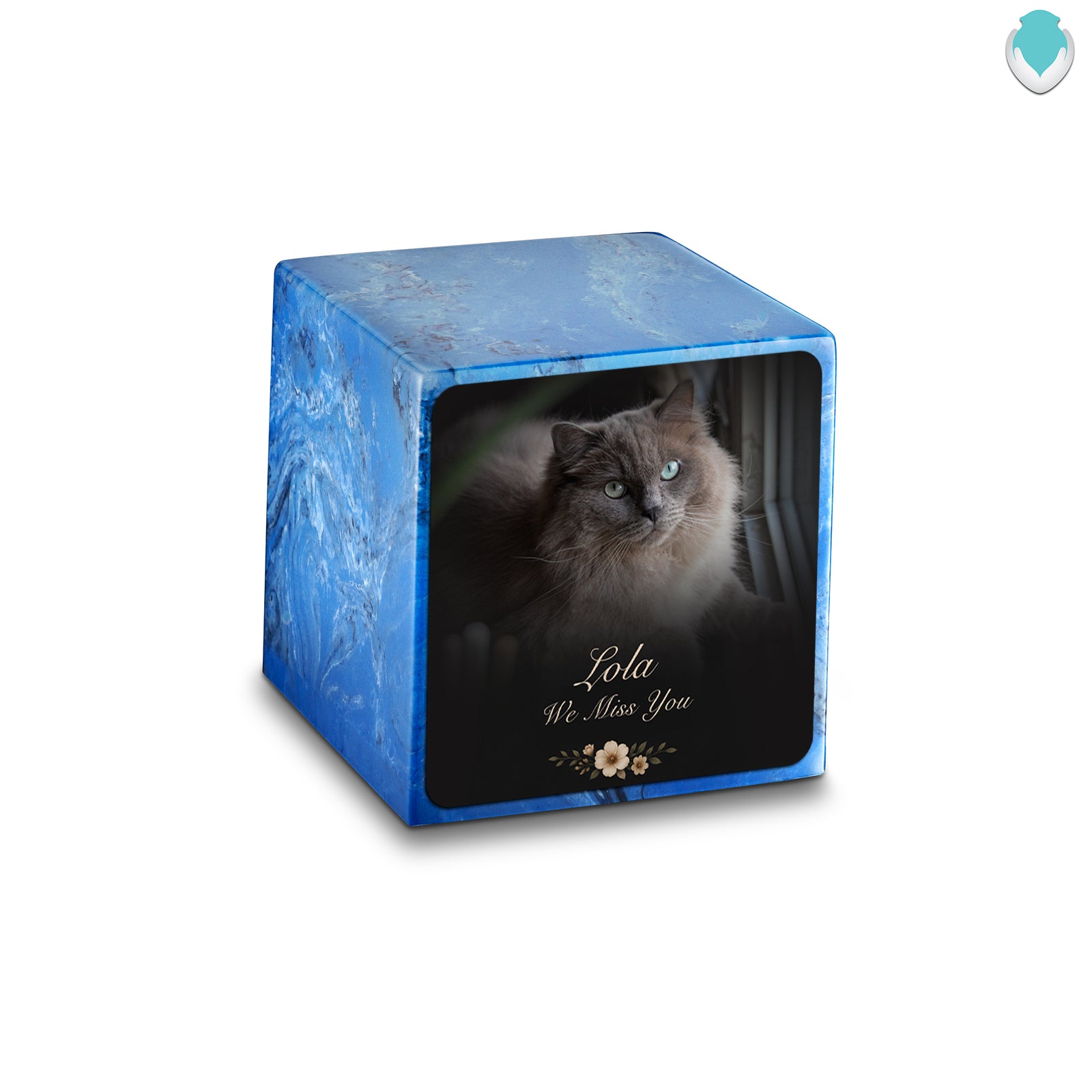 Small Cube Pet Portrait Photo Mystic Blue Cultured Marble Pet Cremation Urn by MacKenzie