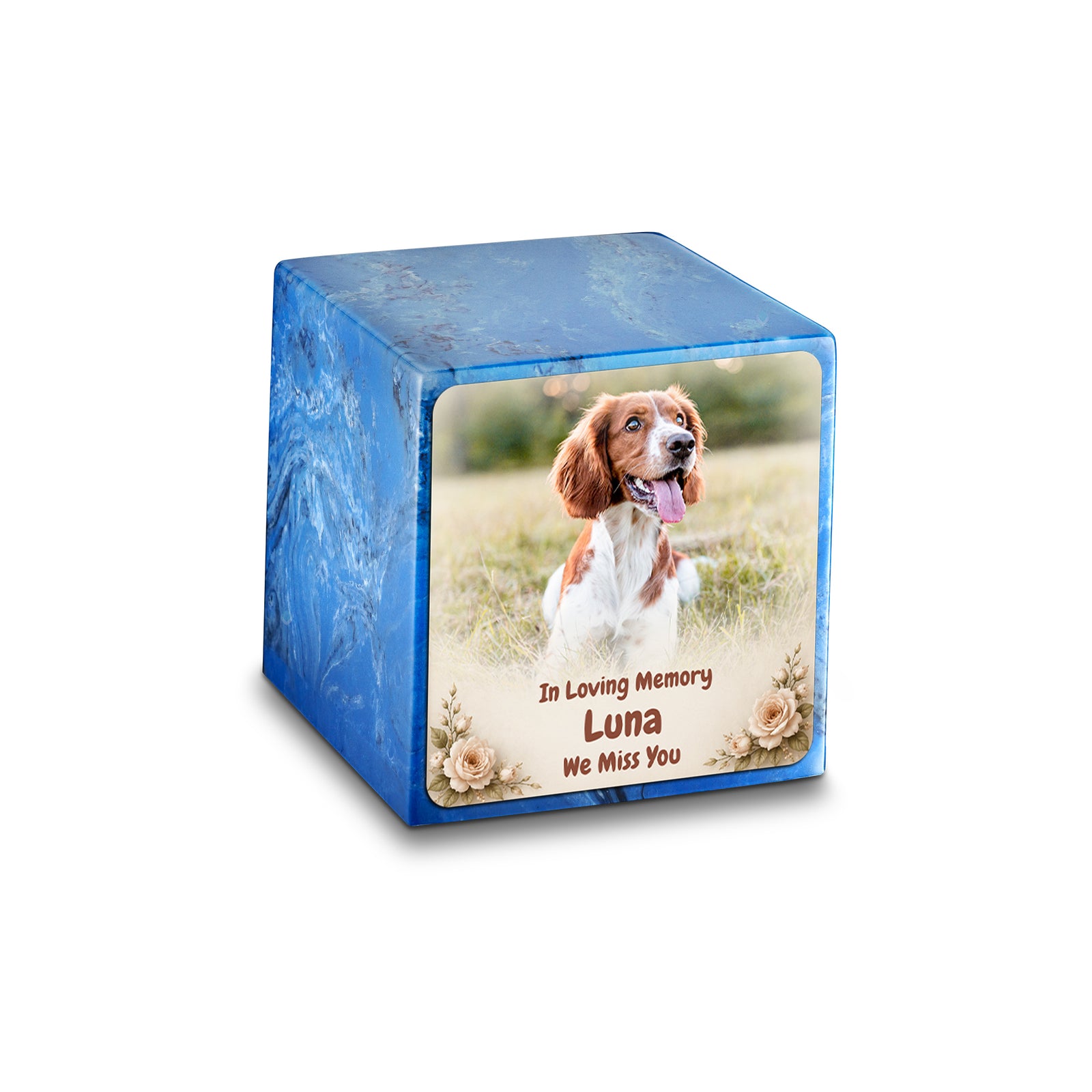 Small Cube Personalized Pet Photo Mystic Blue Cultured Marble Pet Cremation Urn by MacKenzie