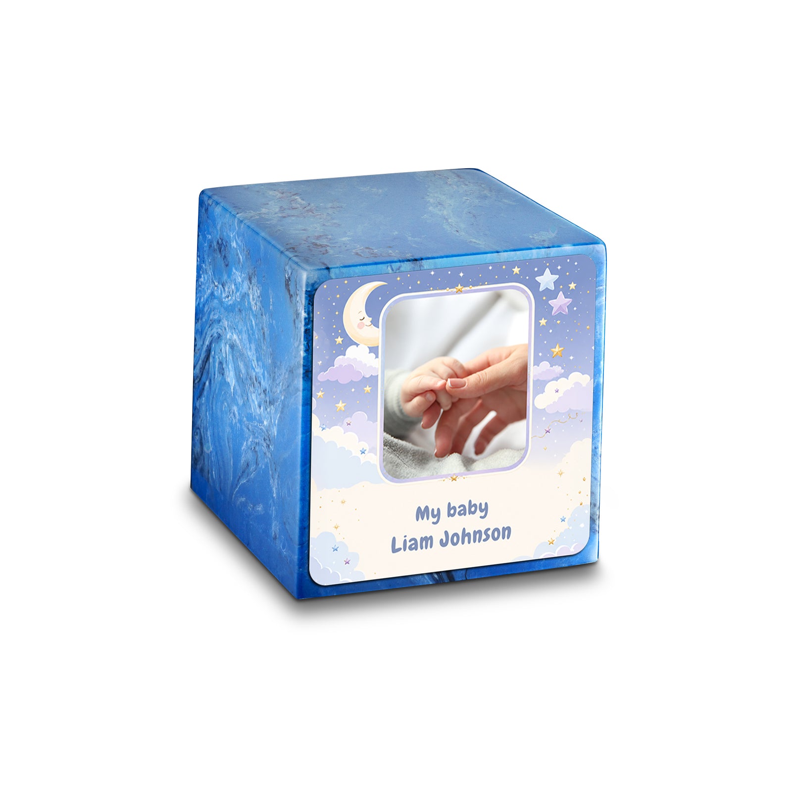 Small Cube Moon and Stars Mystic Blue Cultured Marble Child Cremation Urn by MacKenzie