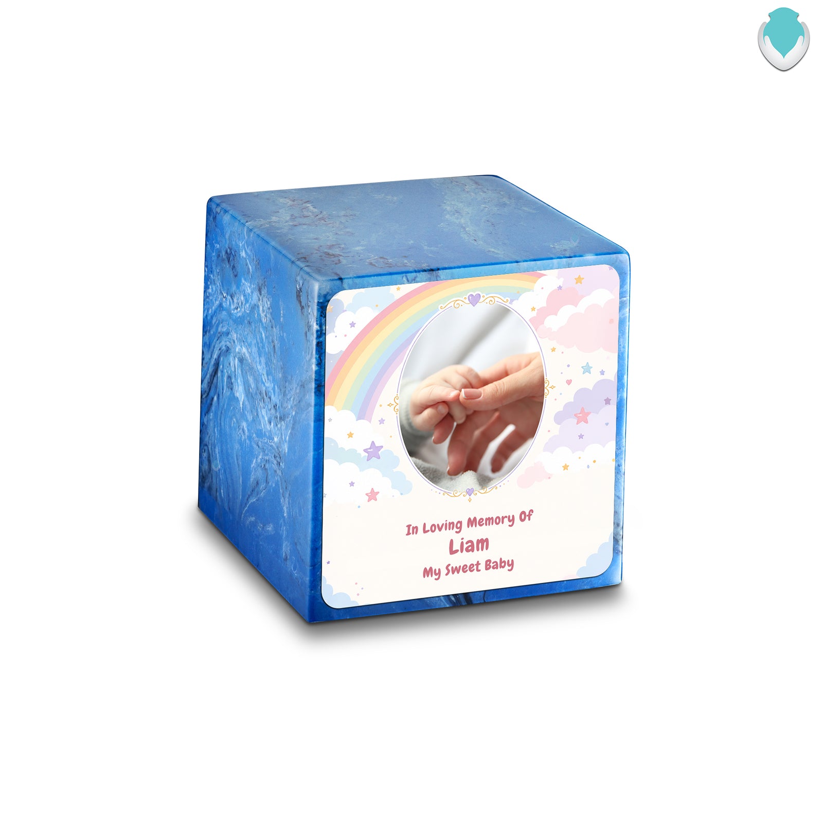 Small Cube Rainbow and Clouds Mystic Blue Cultured Marble Child Cremation Urn by MacKenzie
